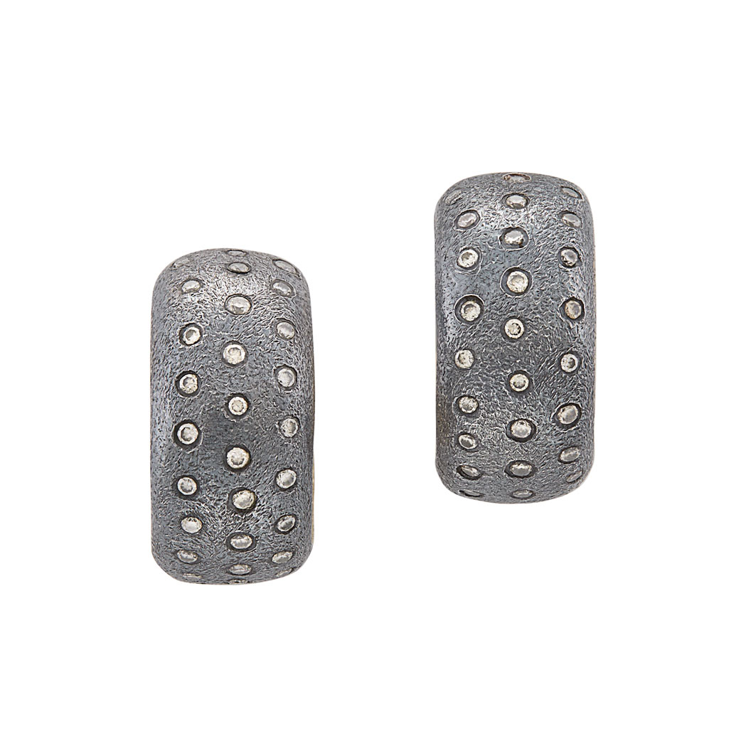 Lot image - Pair of Gold, Silver and Diamond Hoop Earrings, ARA