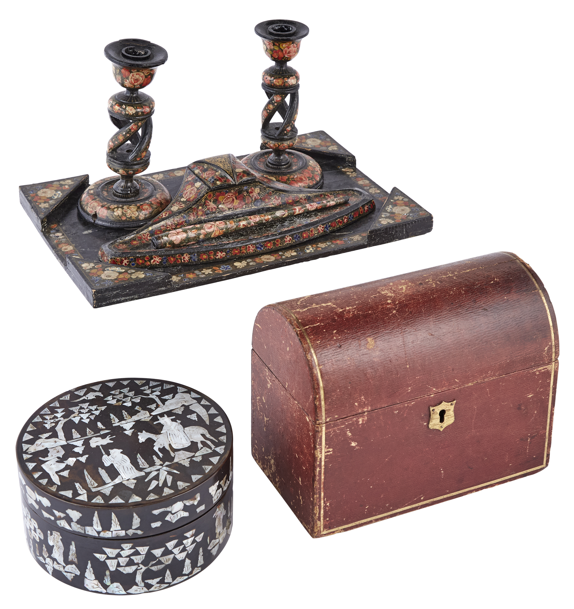 Lot image - Kashmiri Lacquer Five-Piece Desk Set; Together with a Chinese Mother-of-Pearl Inlaid Lacquer Box