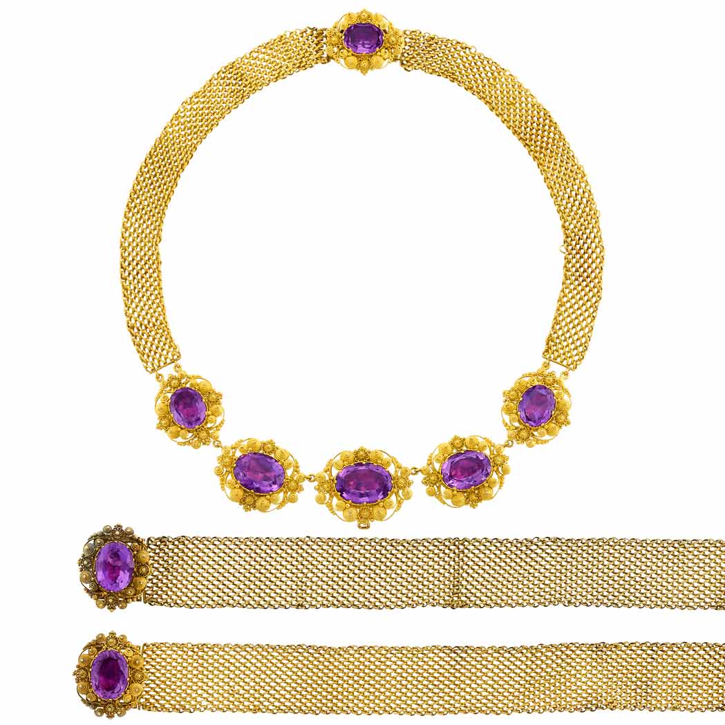 Lot image - Antique Cannetille Gold and Amethyst Mesh Necklace and Pair of Bracelets