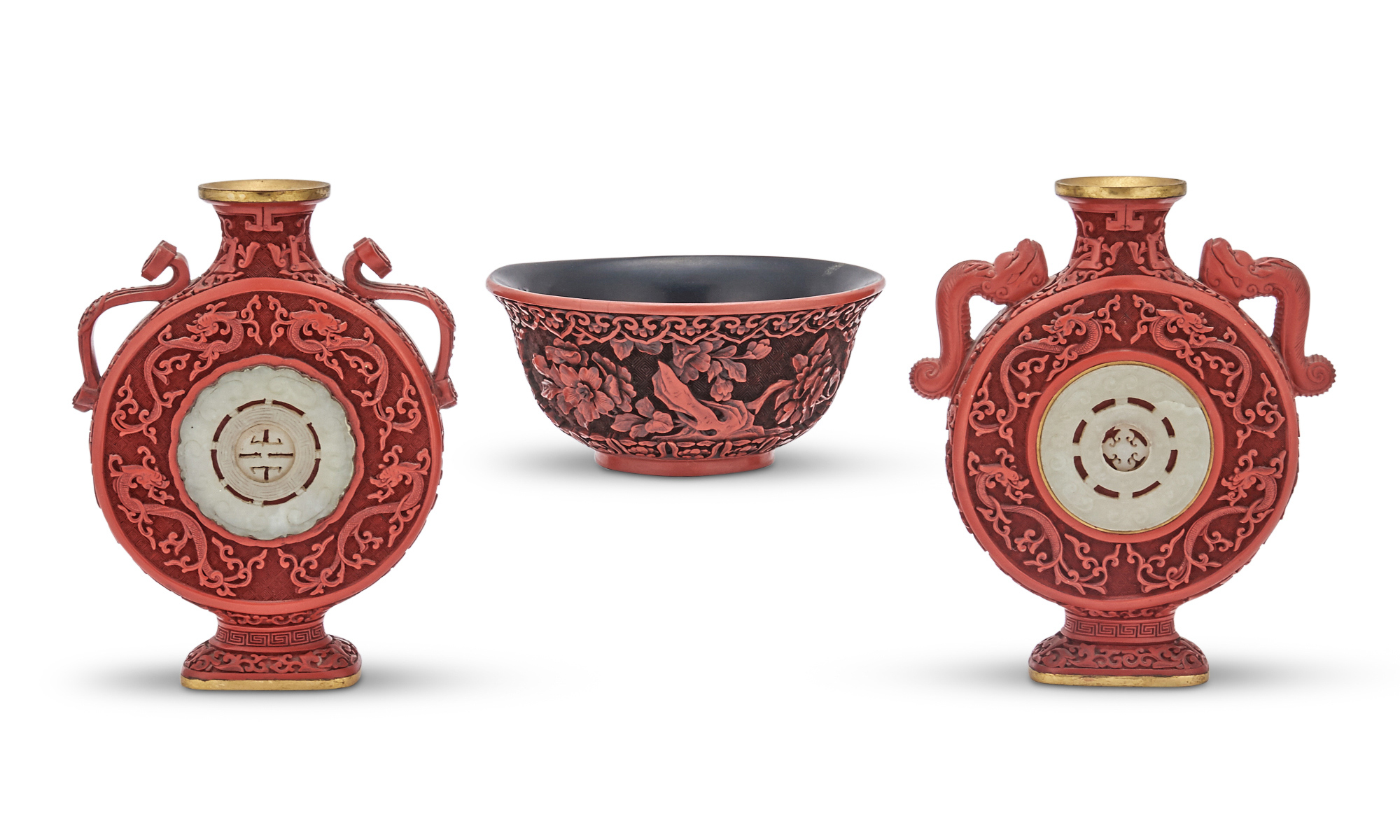 Lot image - A Pair of Chinese Jade-Inset Cinnabar Vases and a Bowl