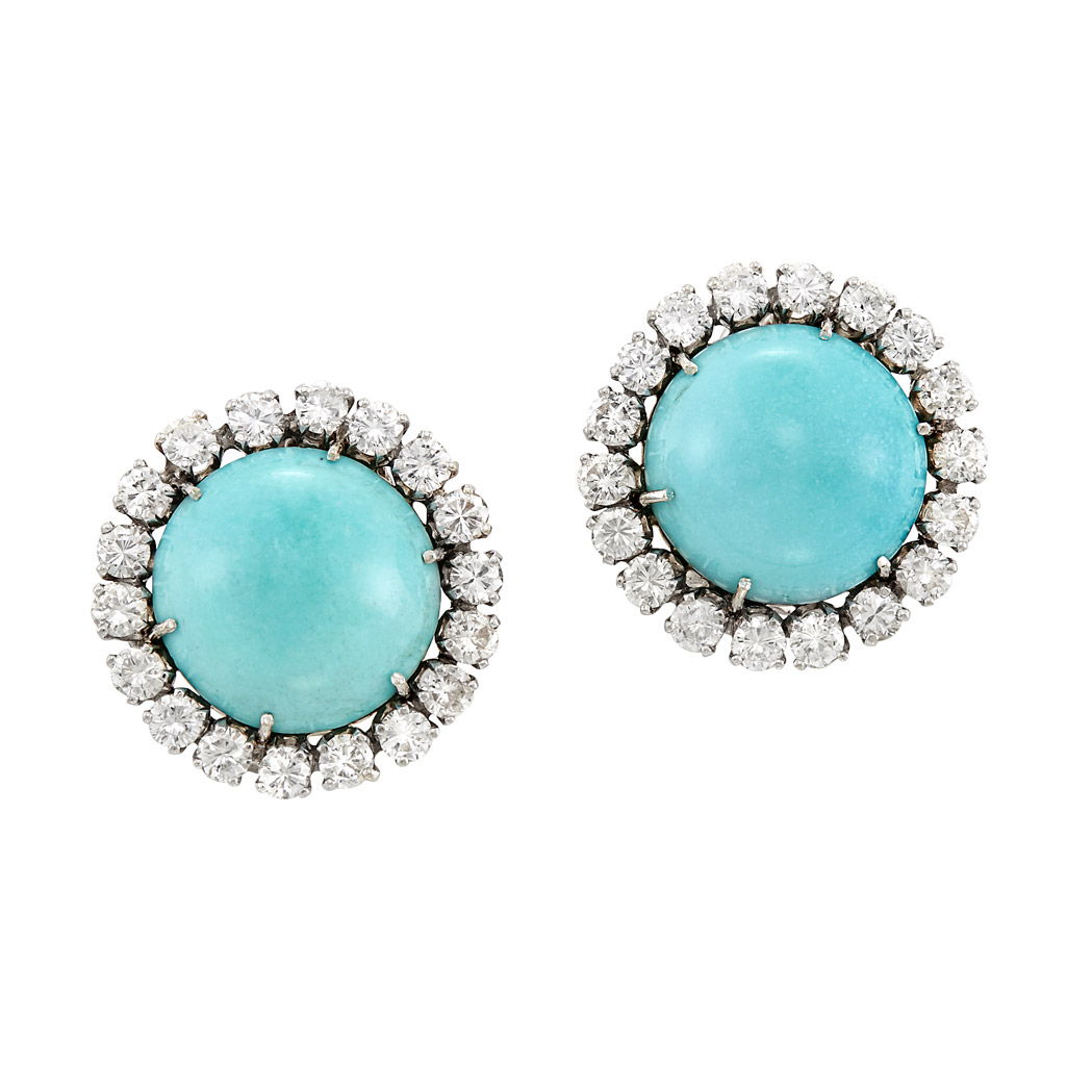 Lot image - Pair of White Gold, Turquoise and Diamond Earclips