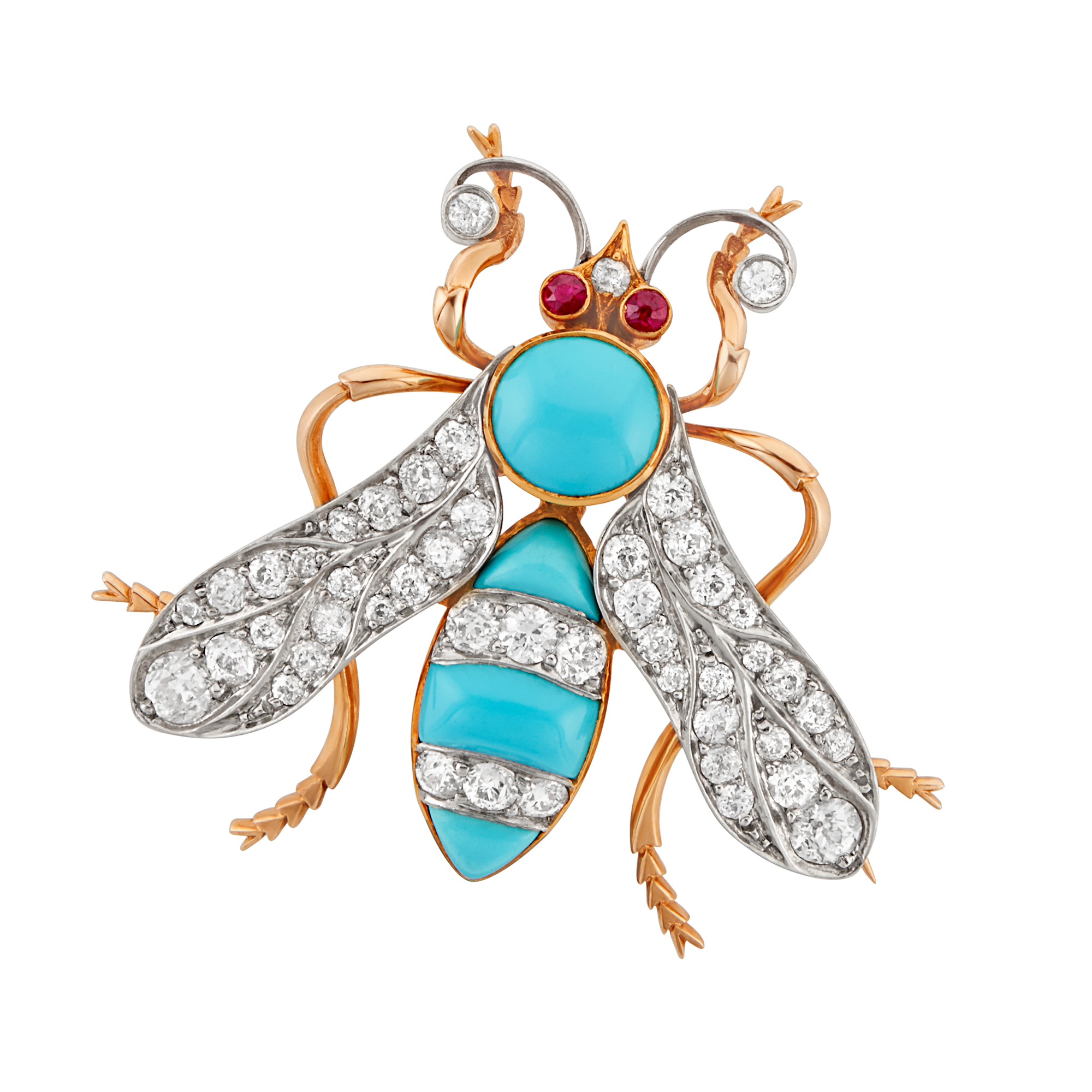 Lot image - Antique Platinum-Topped Gold, Diamond and Turquoise Wasp Pin