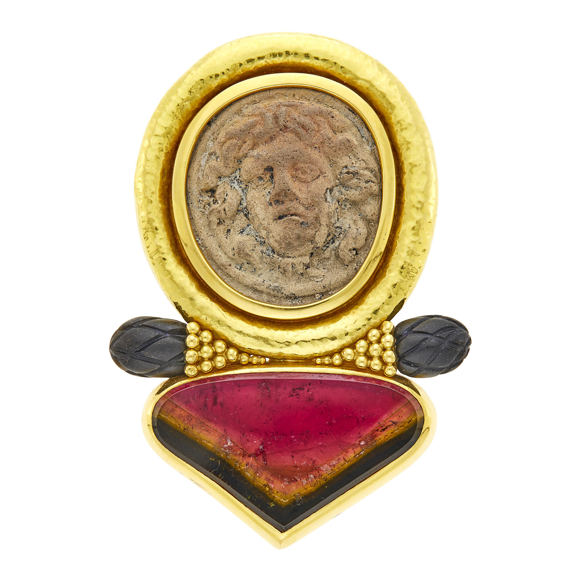 Lot image - Elizabeth Gage Hammered Gold, Watermelon Tourmaline, Mother-of-Pearl, Lava Rock Cameo and Carved Ebony Brooch