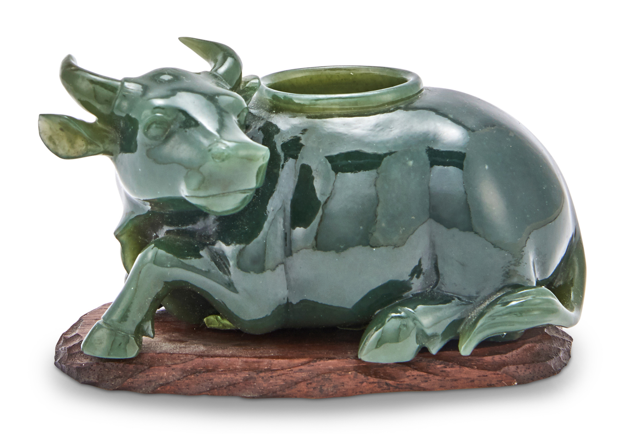 Lot image - A Chinese Spinach Jade Buffalo-Form Brush Washer