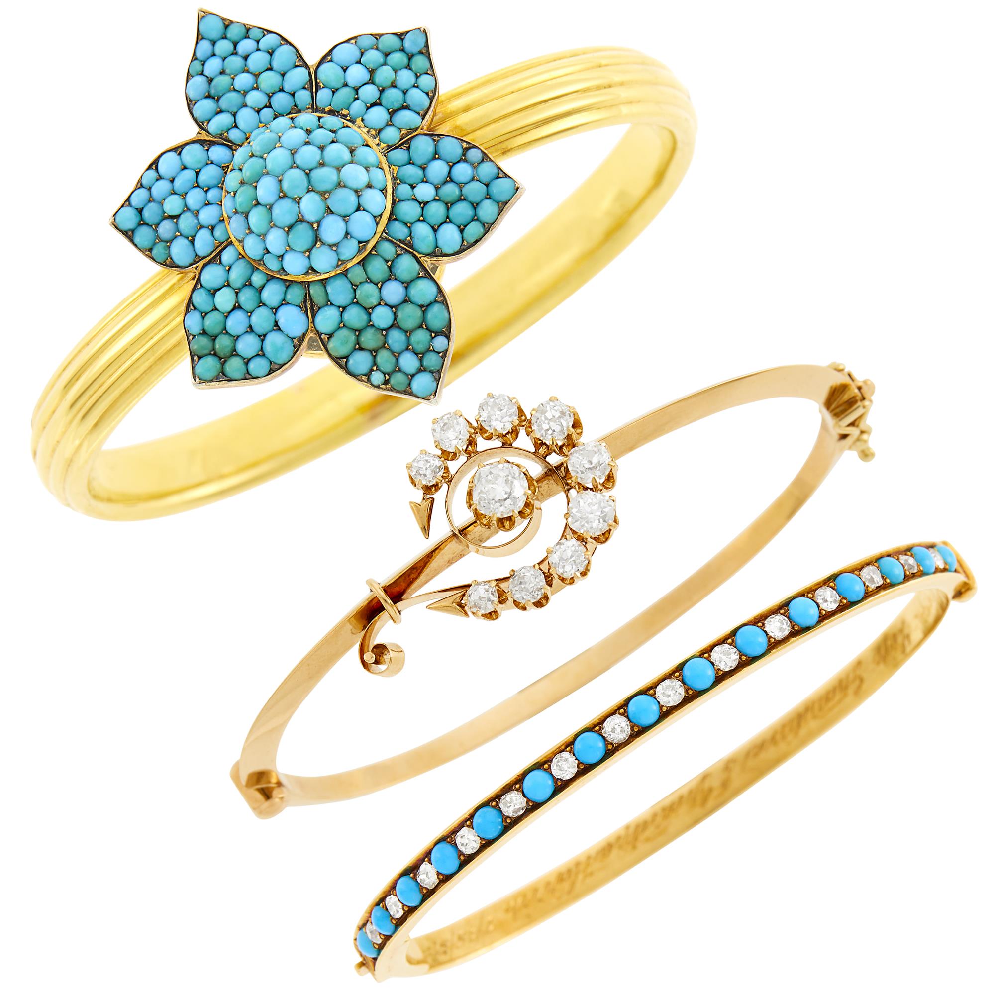 Lot image - Three Antique Gold, Turquoise and Diamond Bangle Bracelets