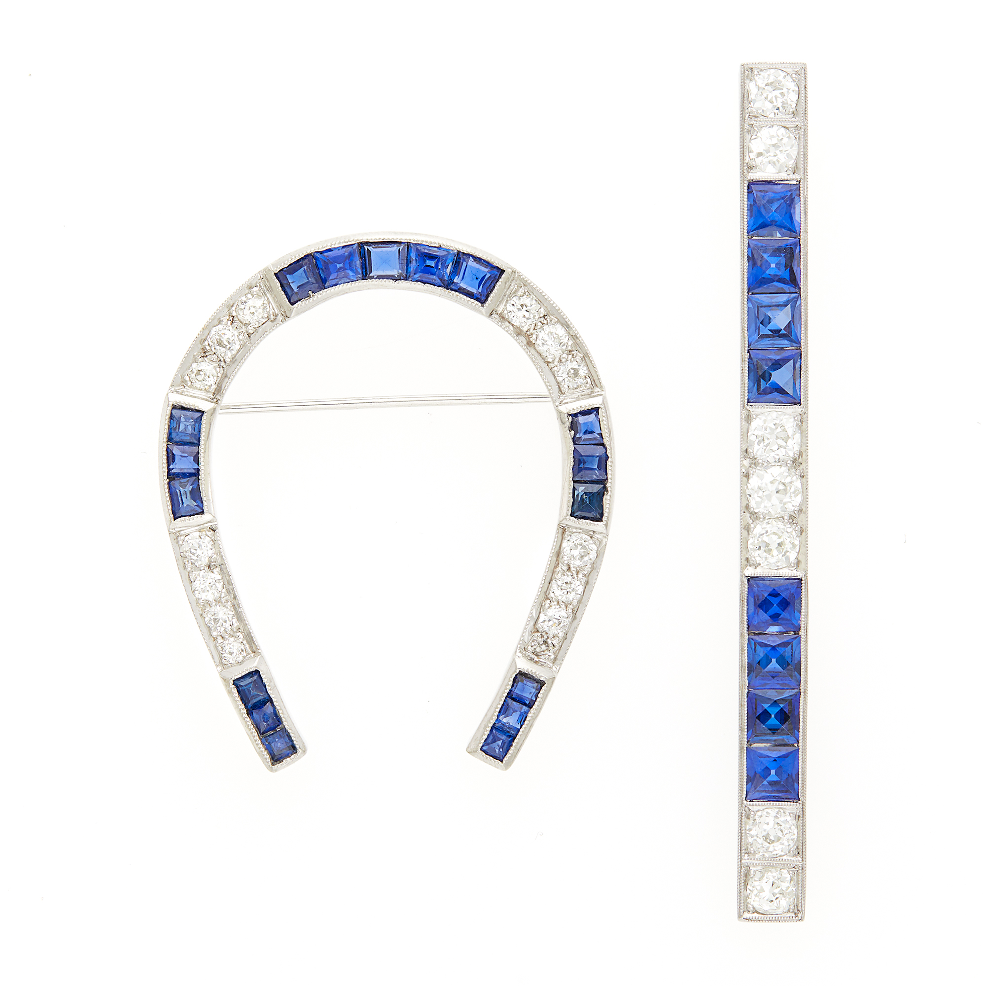 Lot image - White Gold, Synthetic Sapphire and Diamond Horseshoe Brooch and Platinum Bar Pendant