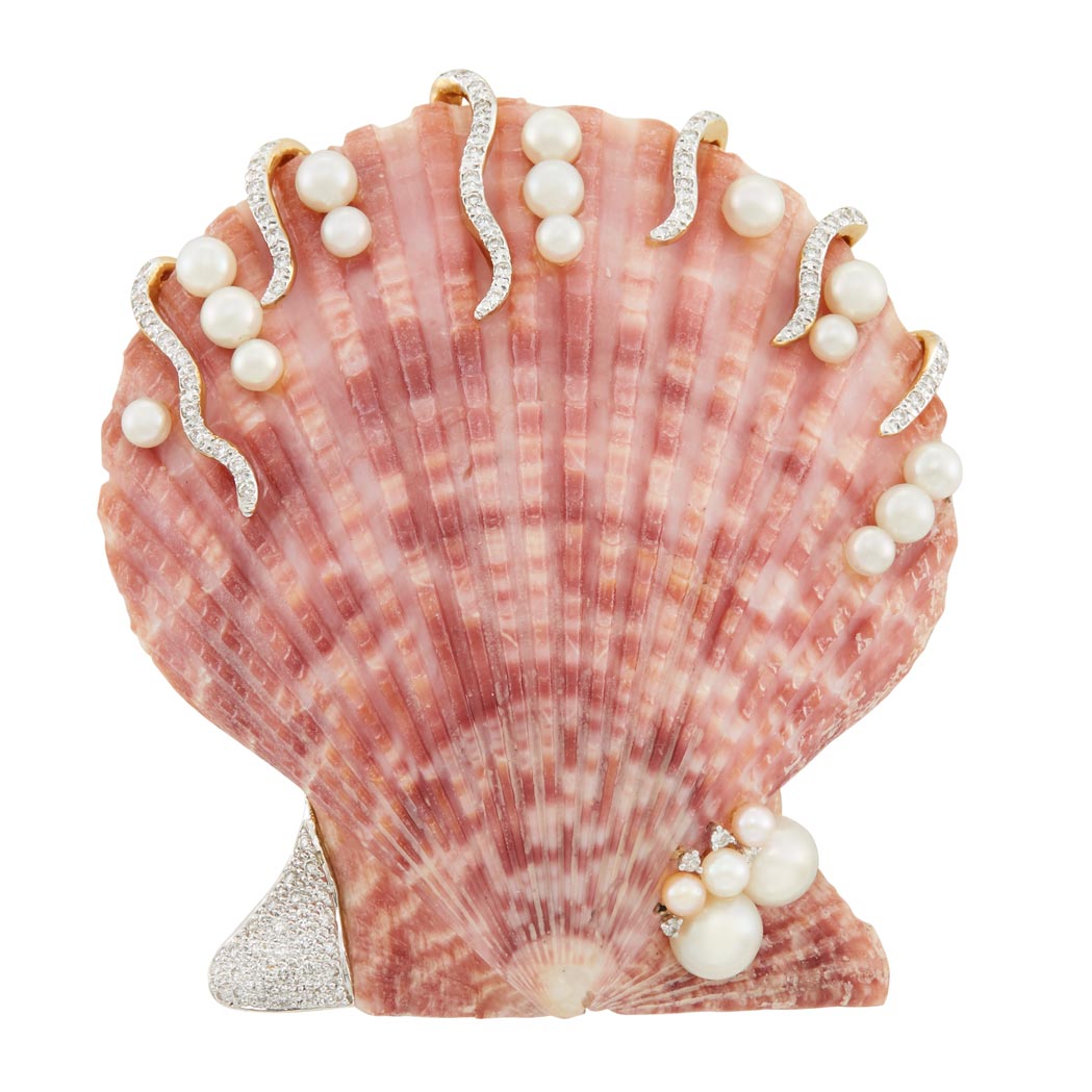 Lot image - Two-Color Gold, Shell, Cultured Pearl and Diamond Brooch, by Lorraine Schwartz