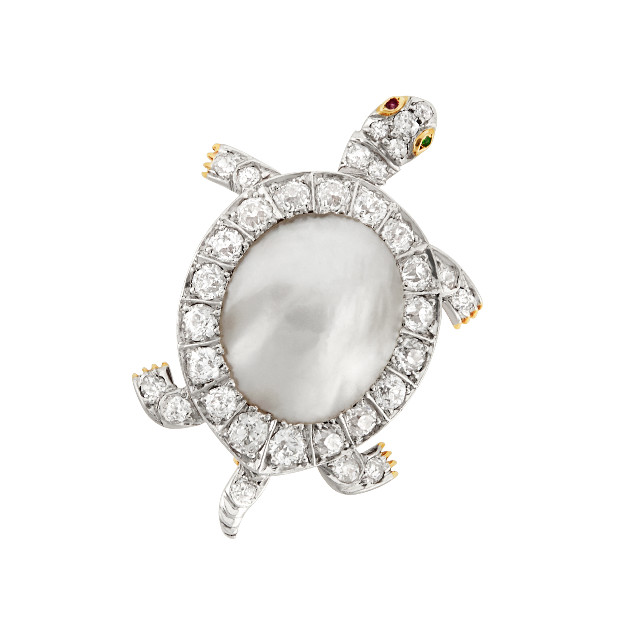 Lot image - Edwardian Platinum-Topped Gold, Blister Pearl and Diamond Turtle Pin