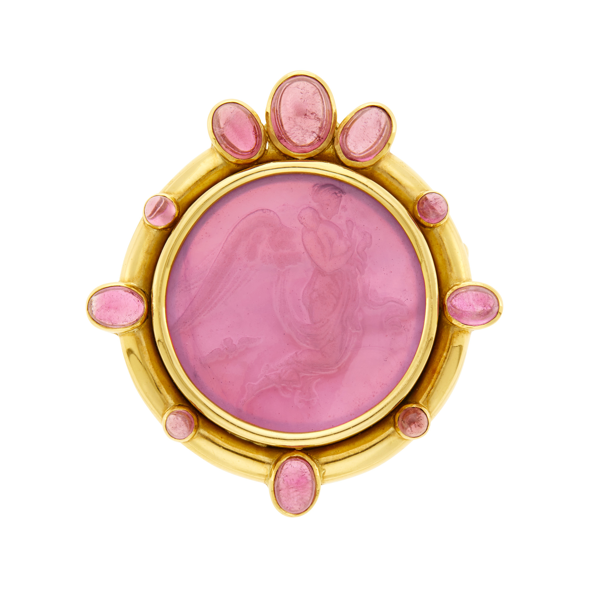 Lot image - Elizabeth Locke Gold, Pink Glass Intaglio, Mother-of-Pearl and Cabochon Pink Tourmaline Clip-Brooch
