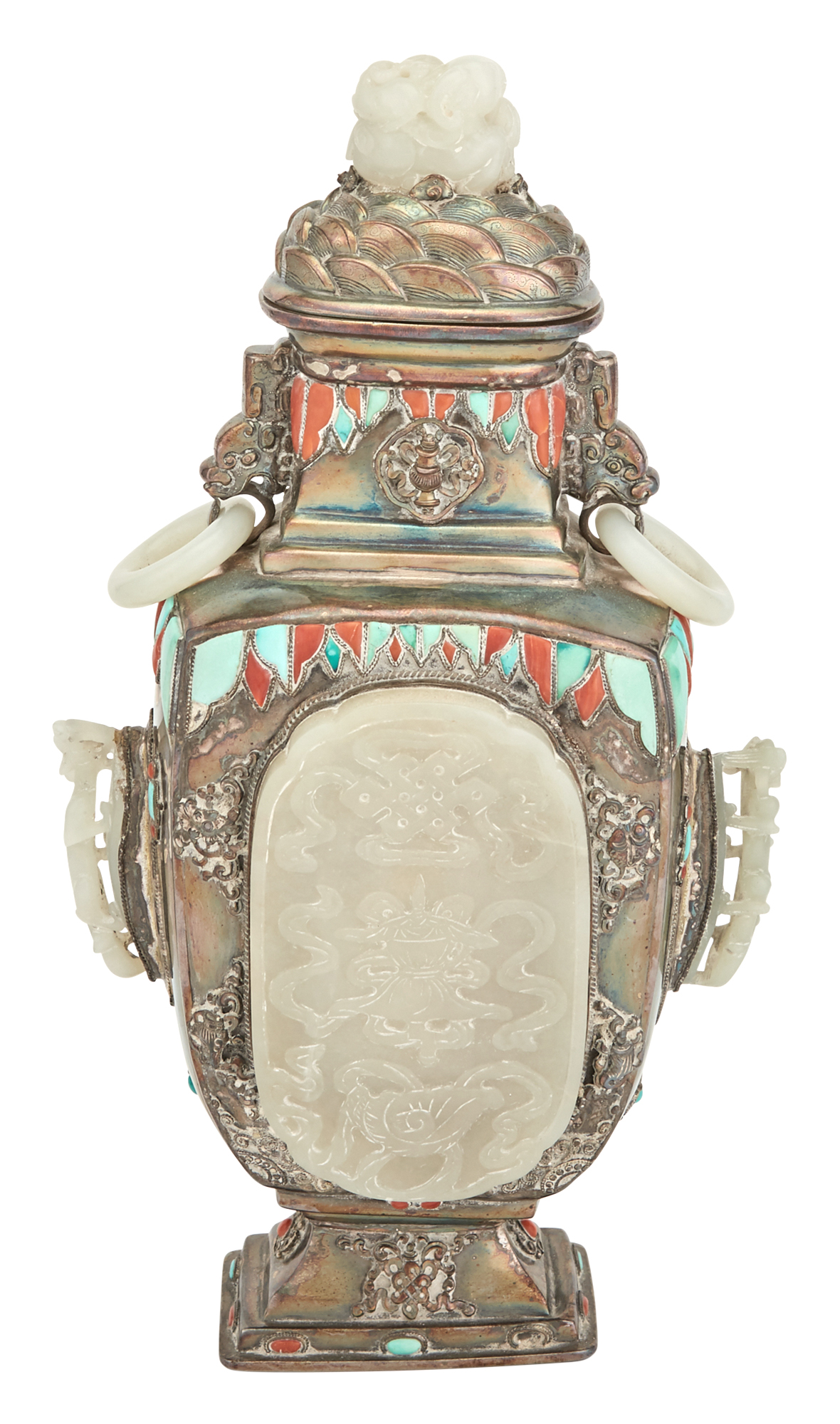 Lot image - Chinese Jade-Inset White Metal Vase and Cover