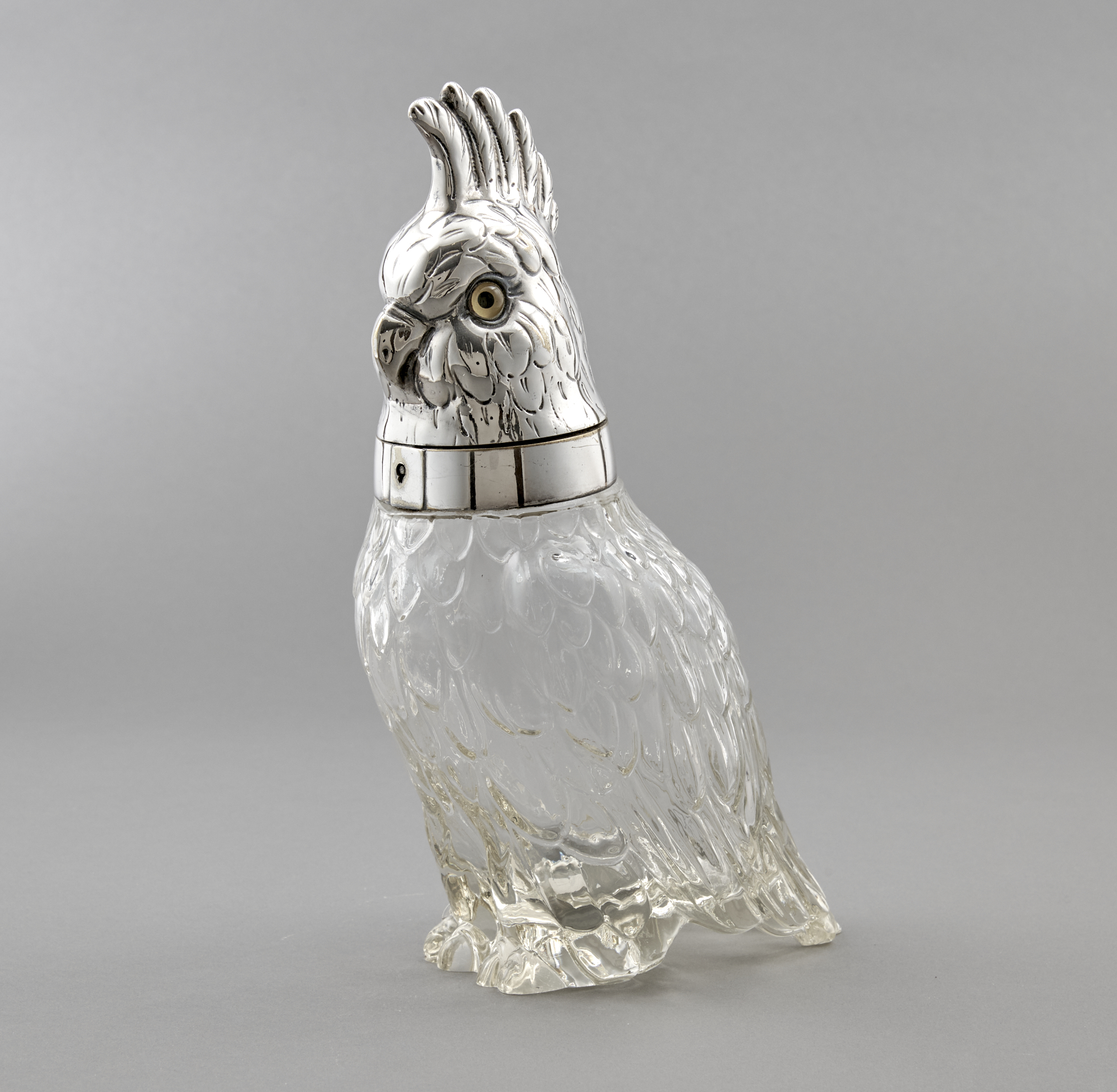 Lot image - Austrian Silver Plate Mounted Glass Novelty Cockatoo Form Cocktail Shaker