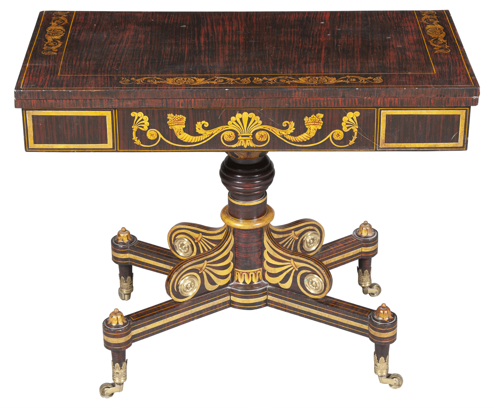 Lot image - Classical Rosewood Grained and Gilt Stencil Decorated Fold-Over Card Table
