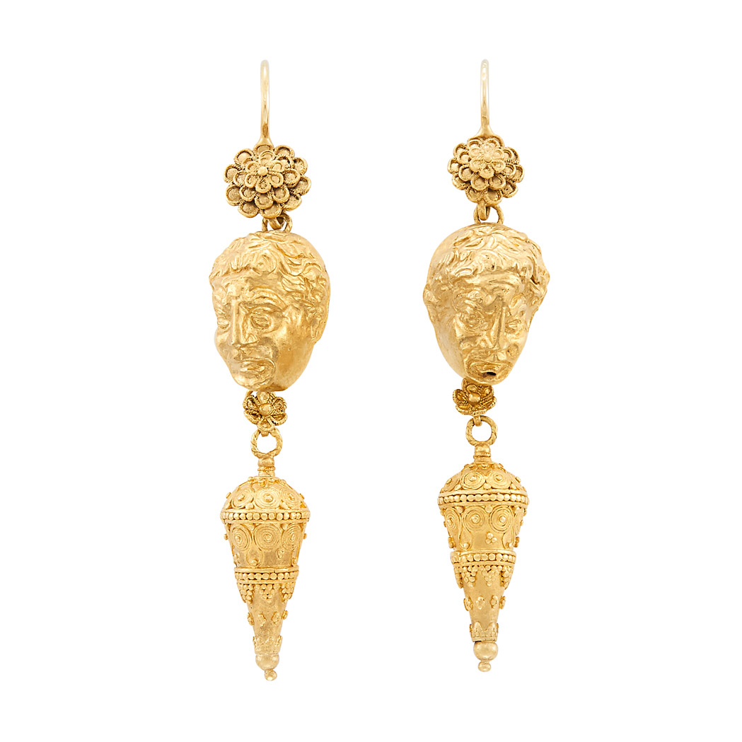 Lot image - Pair of Gold Figural Face Pendant-Earrings
