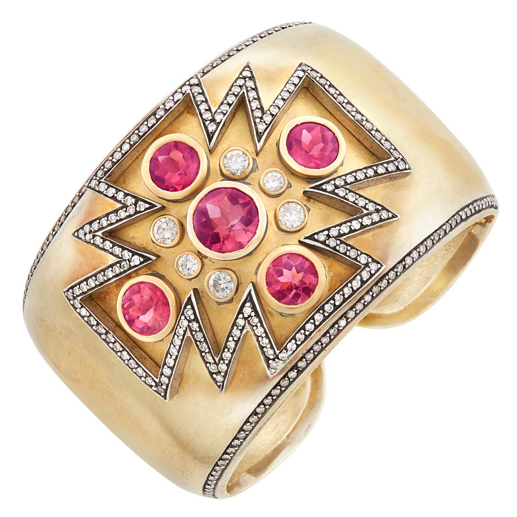 Lot image - Gold, Silver, Pink Tourmaline and Diamond Maltese Cross Cuff Bangle Bracelet, Wendy Brigod