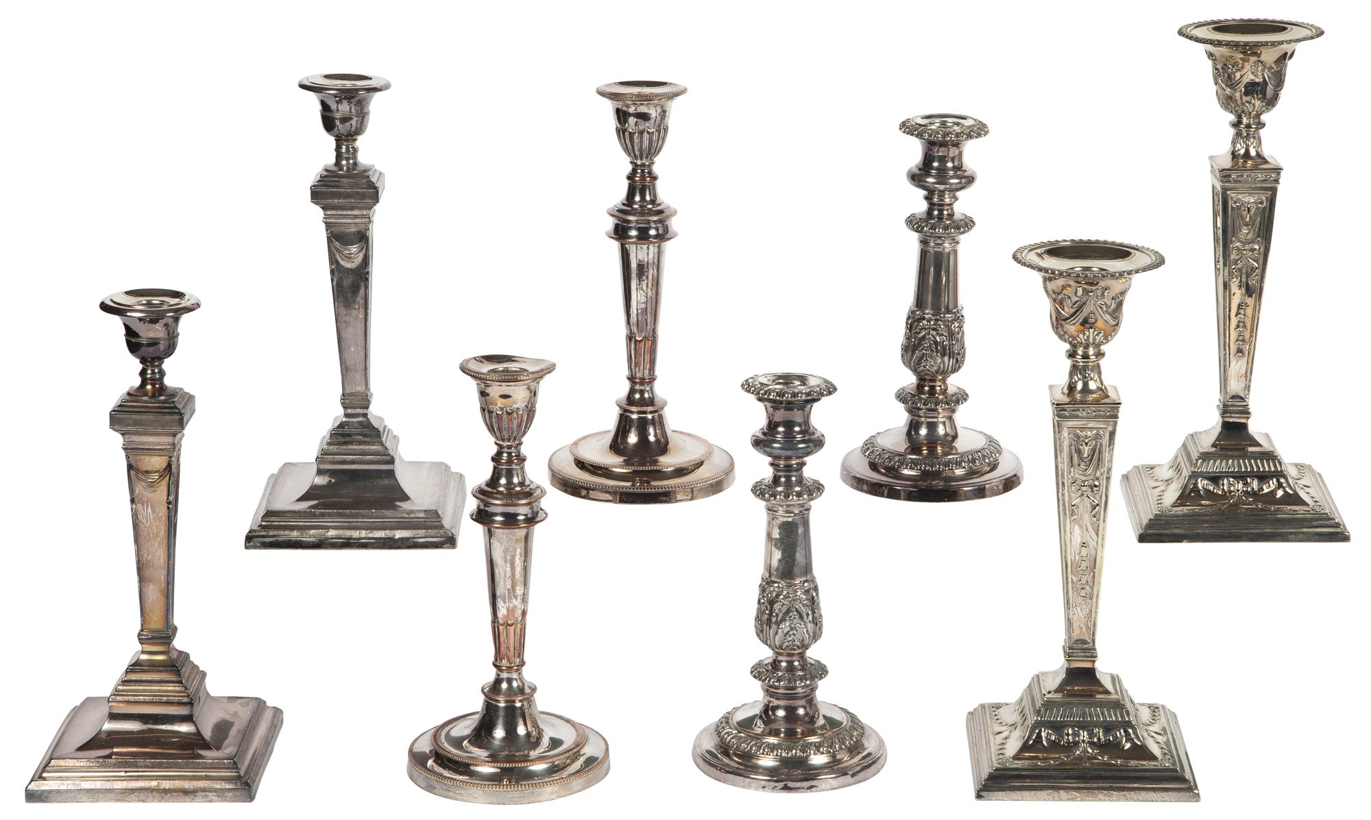 Lot image - Four Pairs of Silver Plated Candlesticks