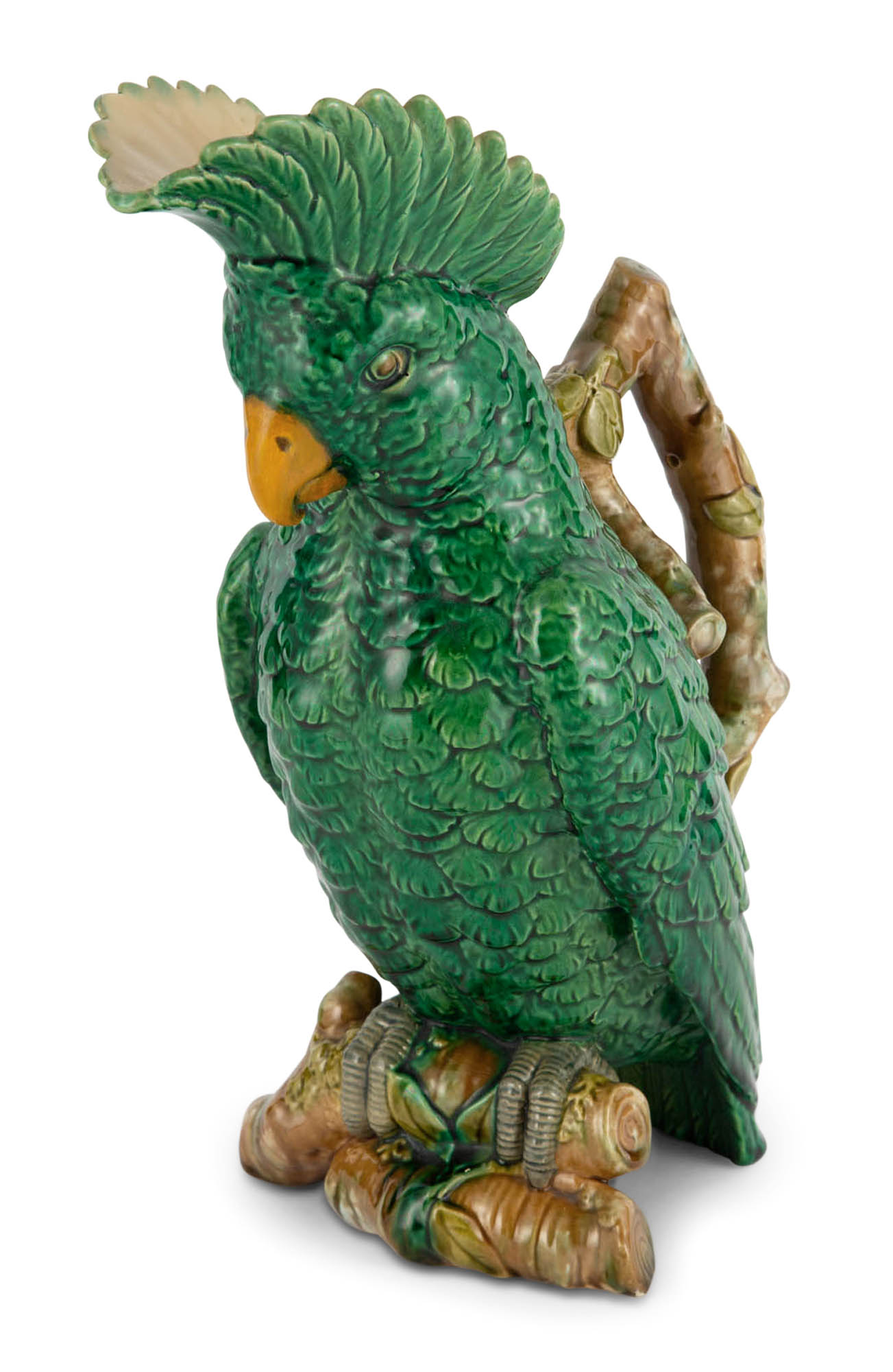 Lot image - William Brownfield Majolica Mottled-Green Ground Cockatoo Pitcher