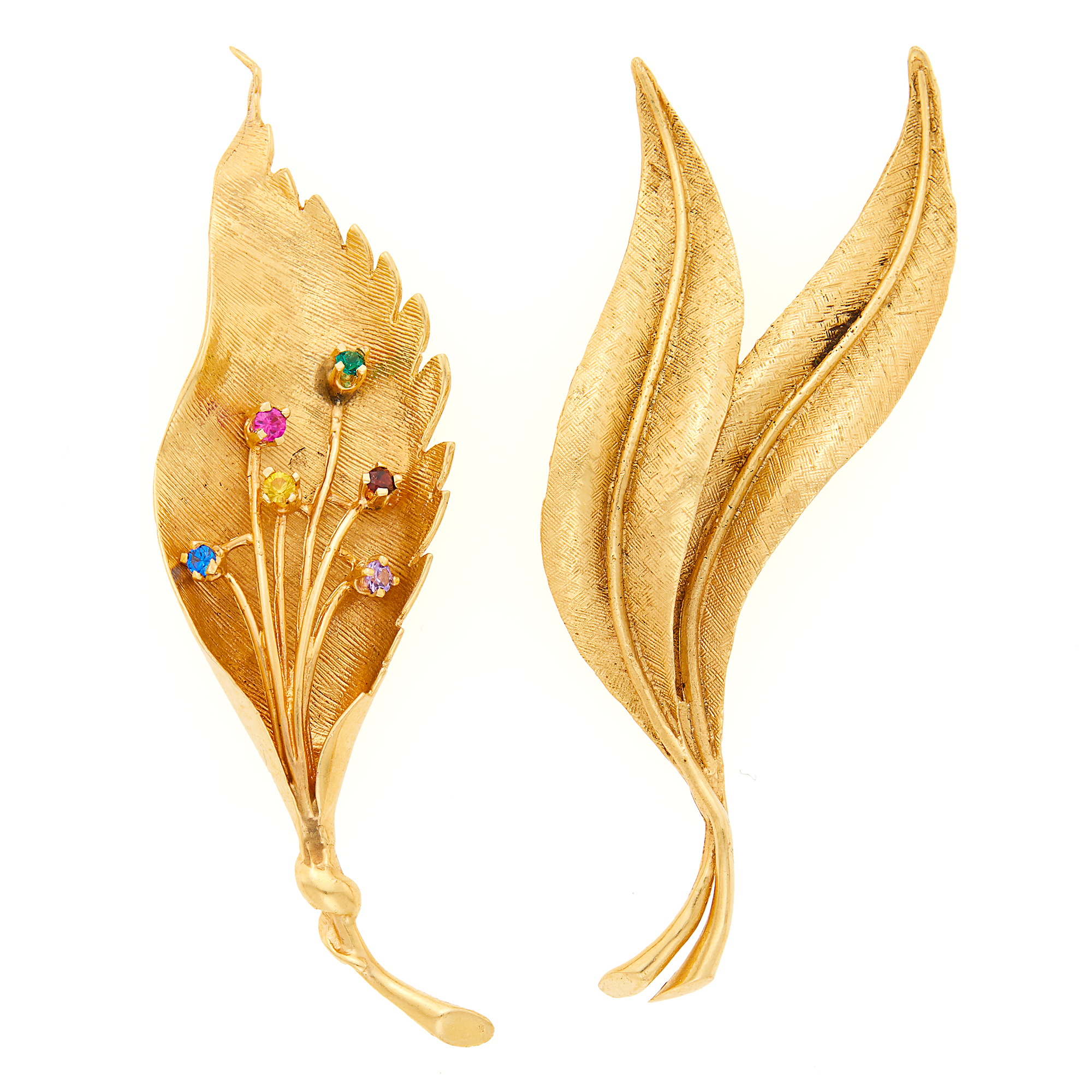 Lot image - Two Gold and Simulated Gem-Set Leaf Brooches