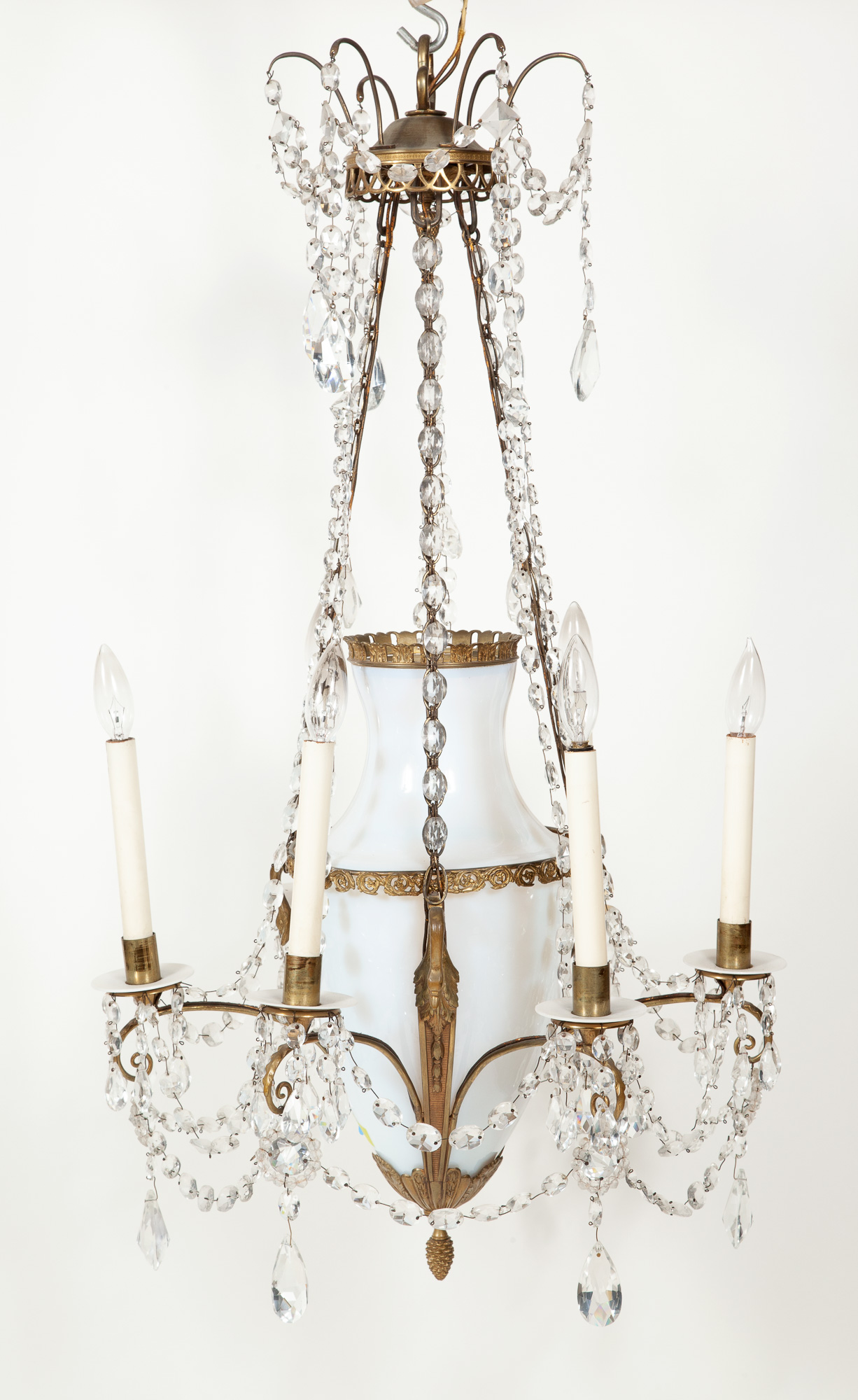 Lot image - French Gilt-Bronze, Opaline and Cut Glass Six-Light Chandelier
