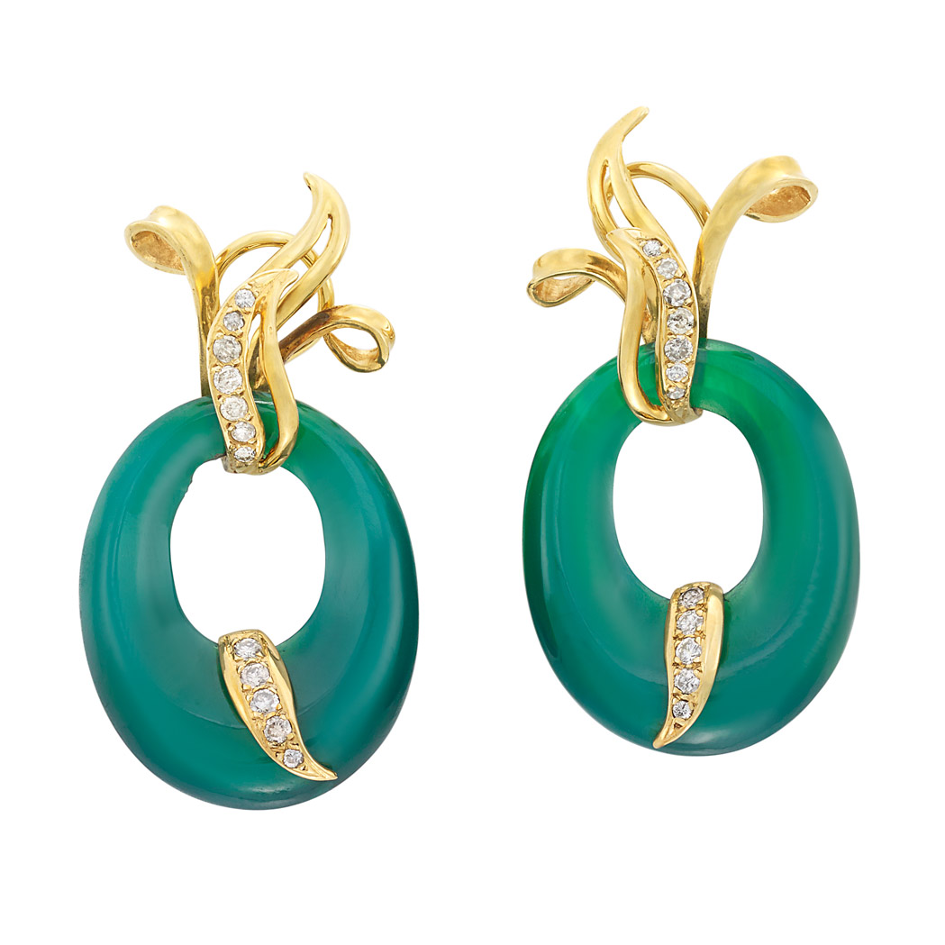 Lot image - Pair of Gold, Green Onyx and Diamond Hoop Earclips