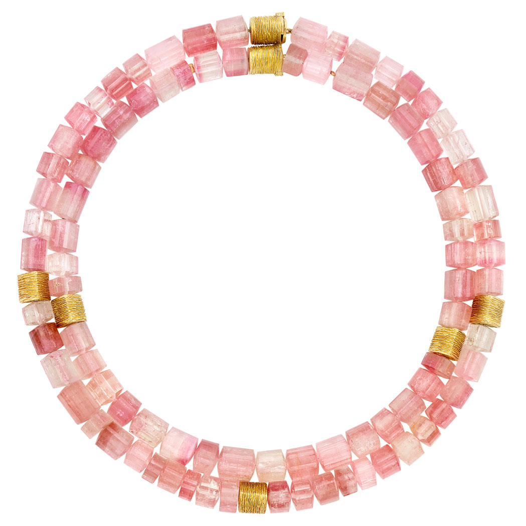 Lot image - Pair of High Karat Gold and Pink Tourmaline Bead Necklaces
