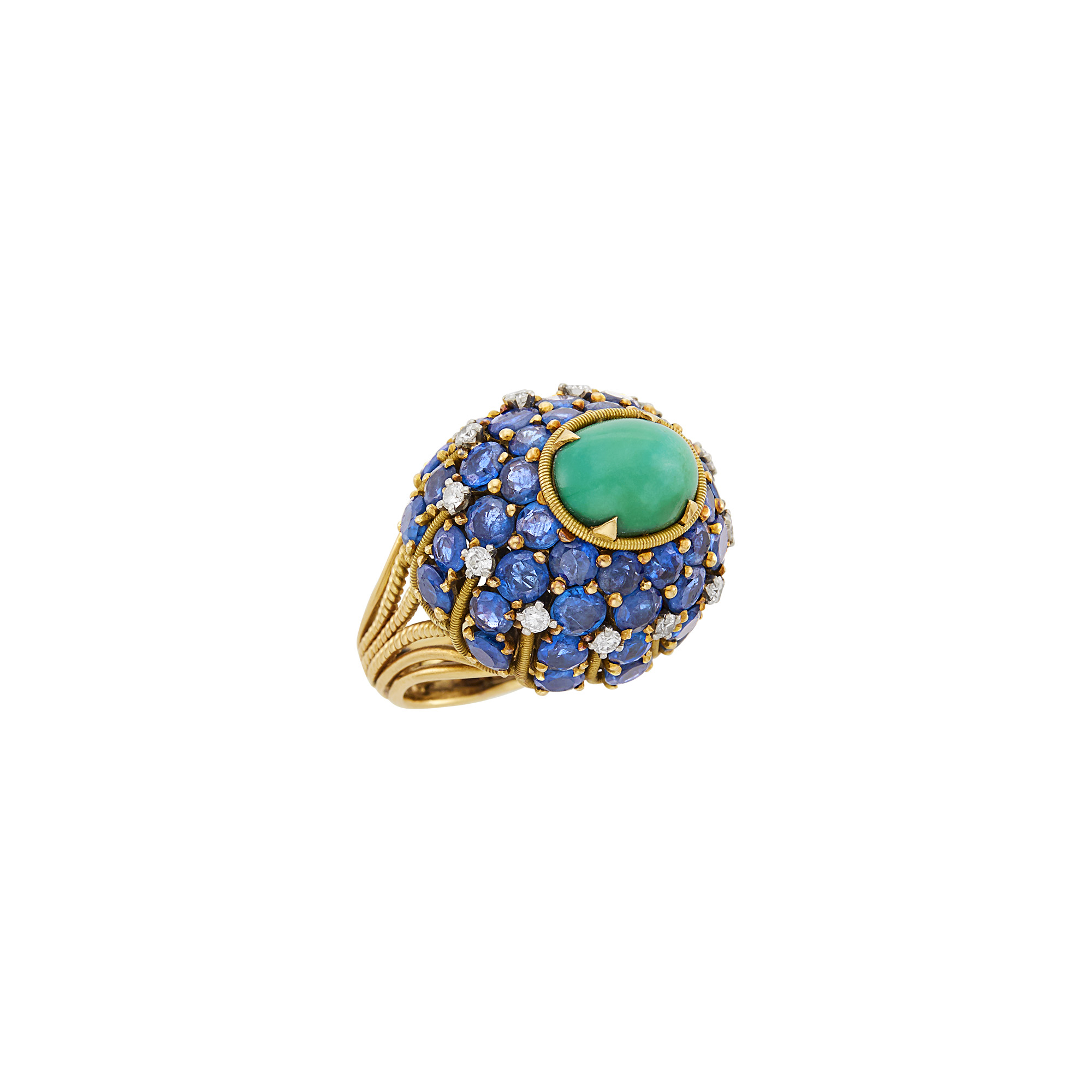Lot image - Marchak Gold, Turquoise, Sapphire and Diamond Dome Ring, France