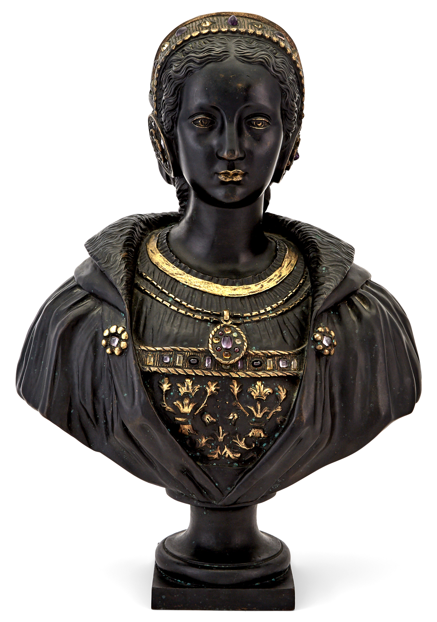 Lot image - Italian Parcel-Gilt and Jeweled Bronze Bust of a Maiden
