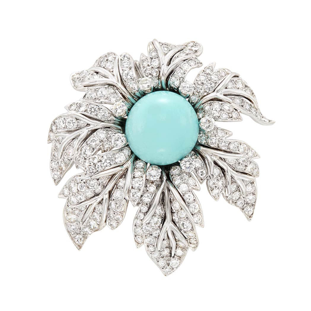 Lot image - White Gold, Turquoise and Diamond Flower Clip-Brooch