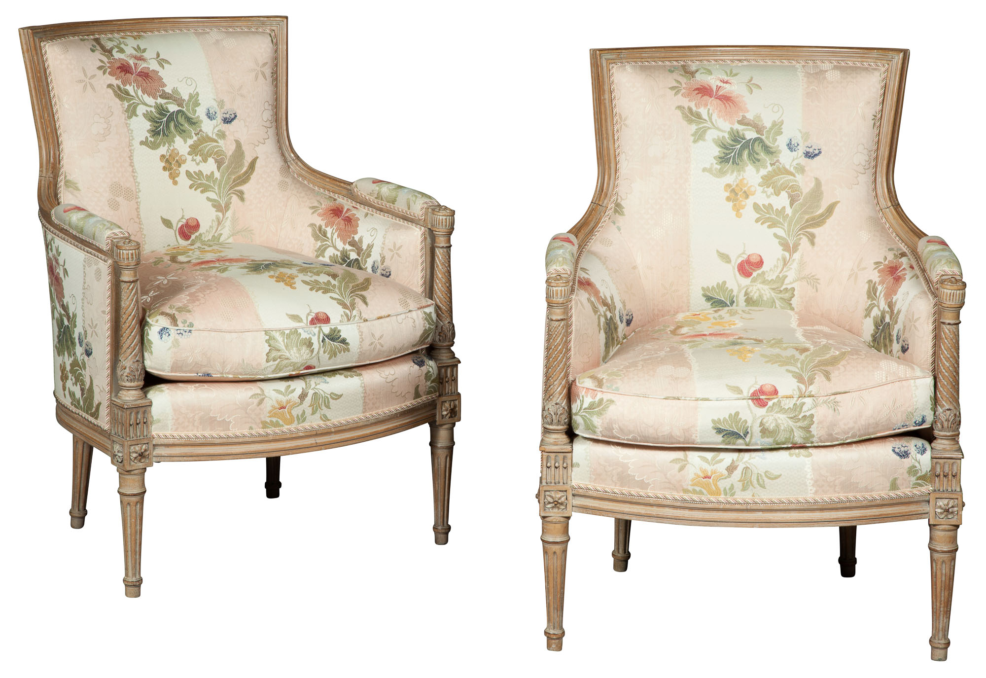 Lot image - Pair of Louis XVI Style Beechwood Silk-Upholstered Bergères
