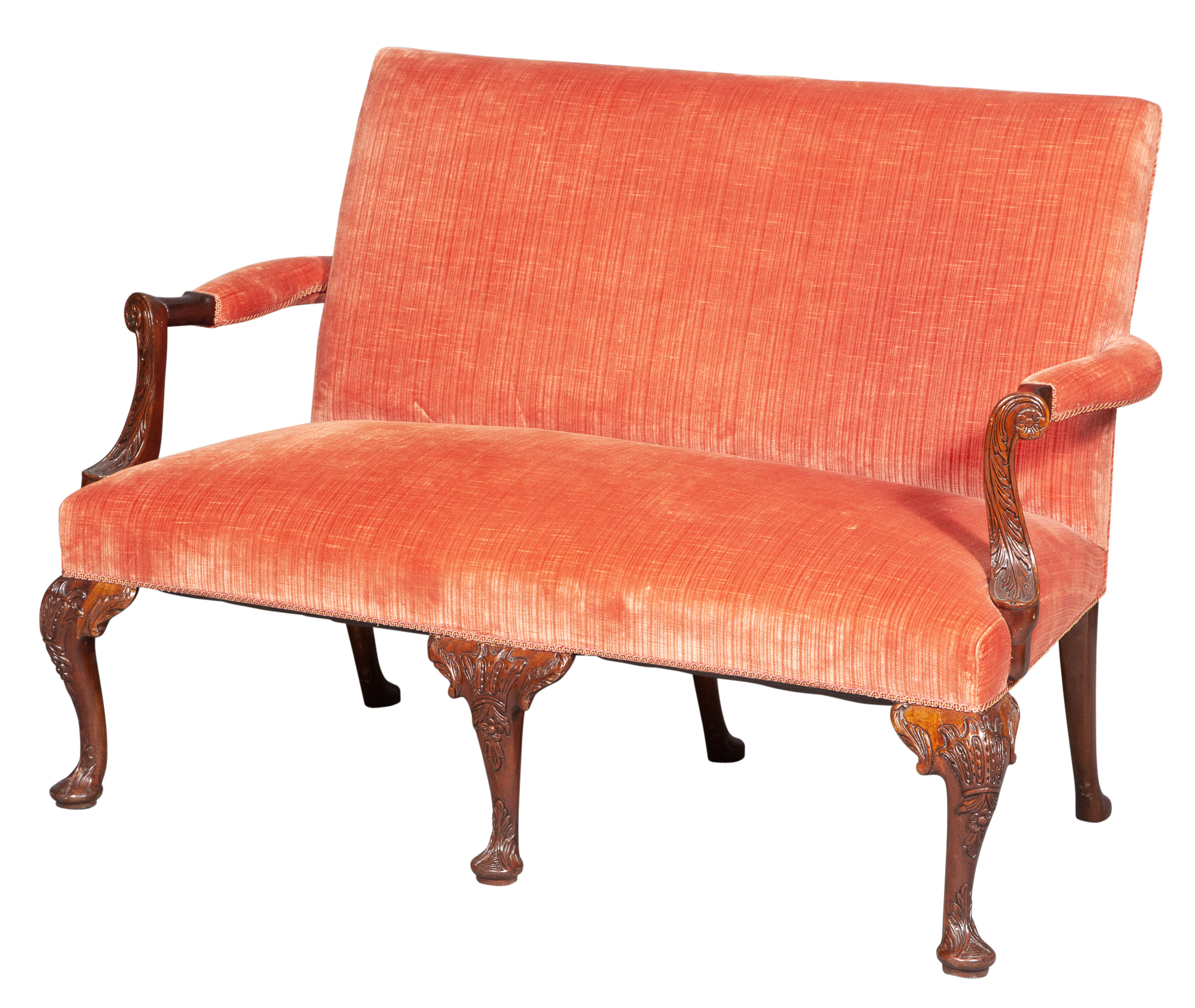 Lot image - George II Style Mahogany Salmon Velvet-Upholstered Settee