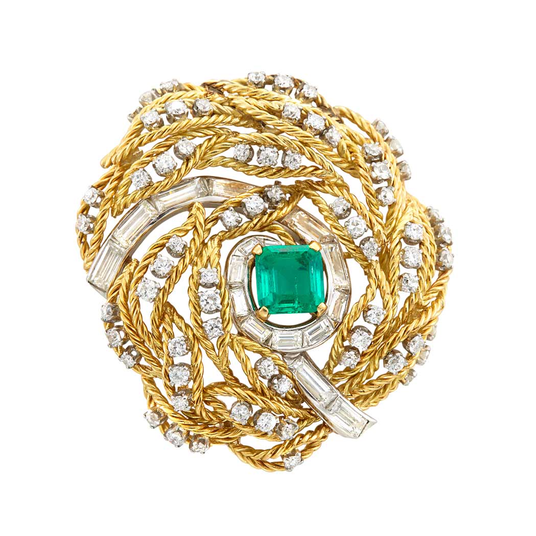 Lot image - Gold, Platinum, Emerald and Diamond Clip-Brooch, Monture Boucheron, France
