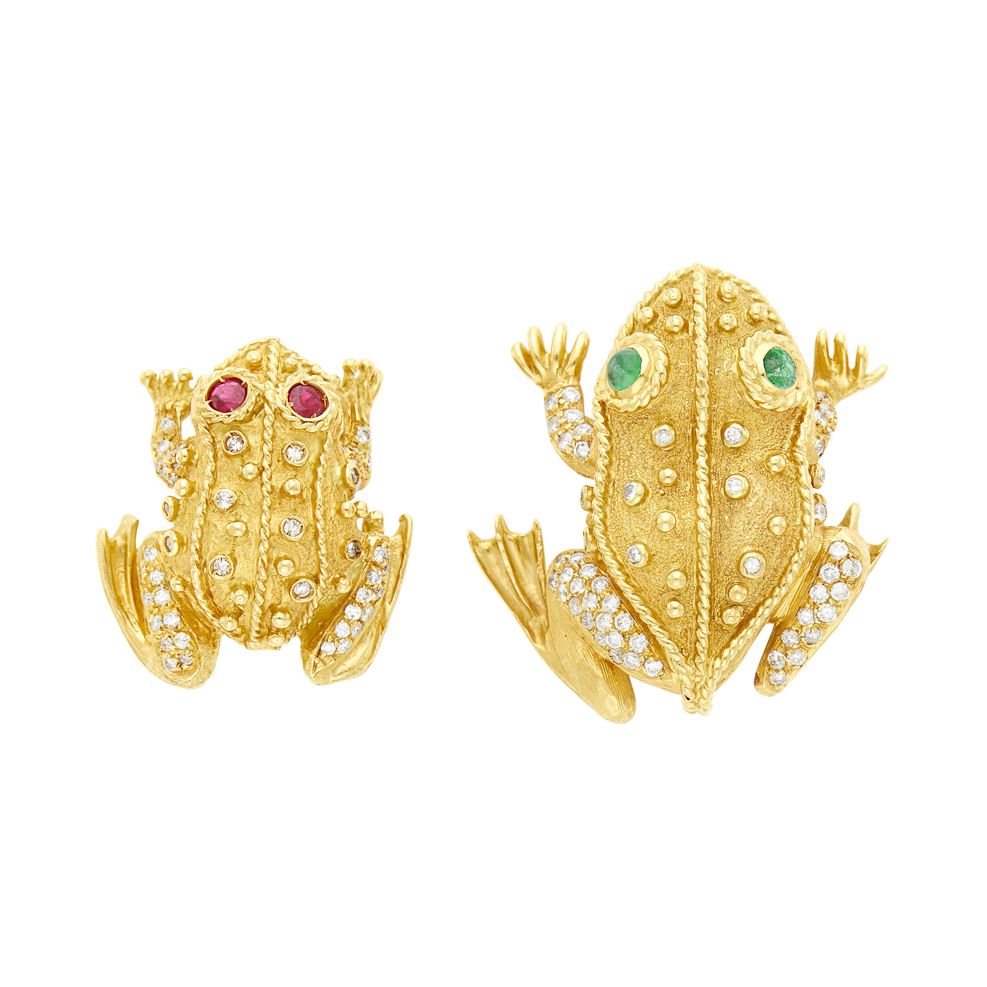 Lot image - Two Gold, Diamond and Gem-Set Frog Brooches