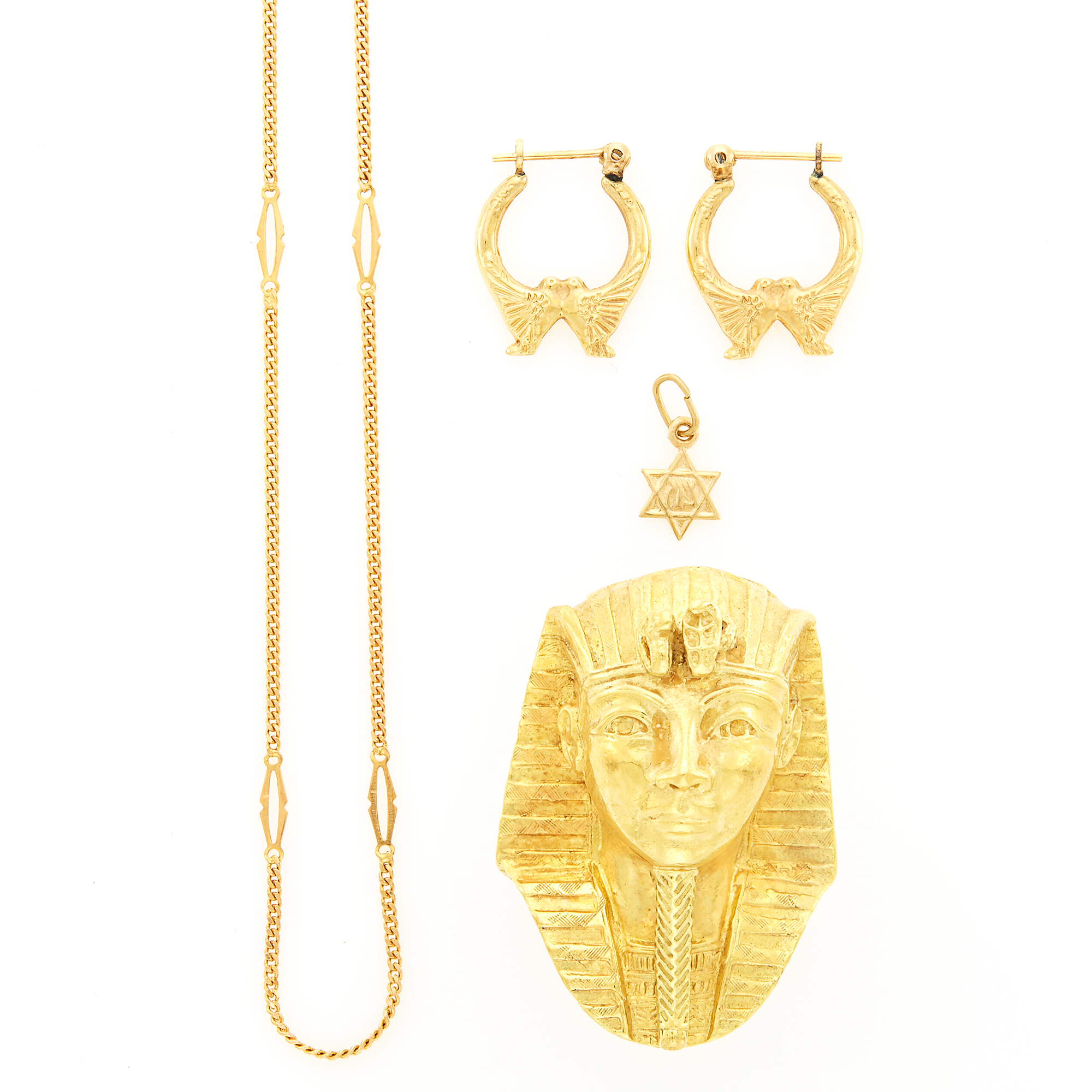 Lot image - Gold Chain Necklace, Charm, Pharaoh Ring and Pair of Hoop Earrings