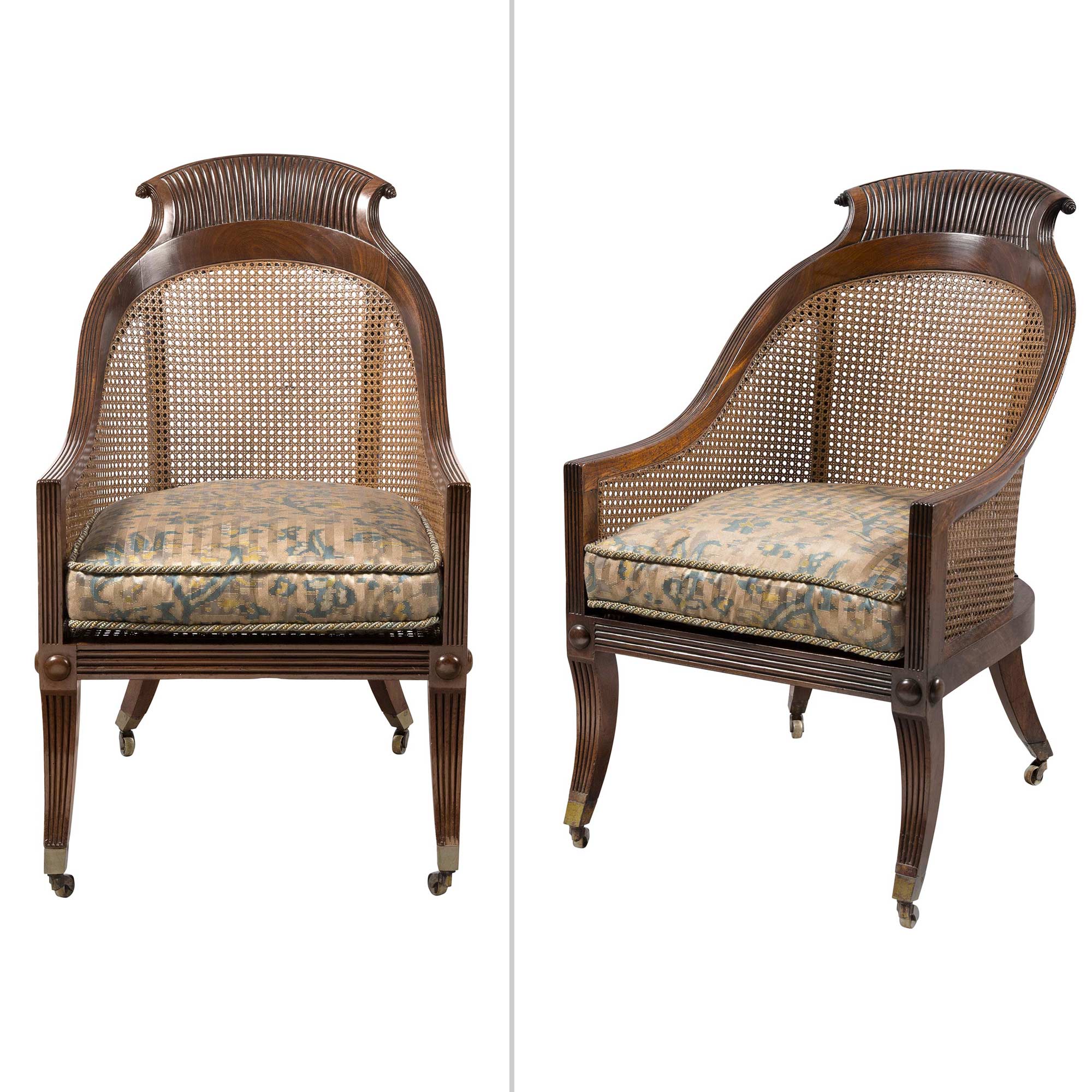 Lot image - Pair of Regency Mahogany Caned Bergères in the manner of Gillows