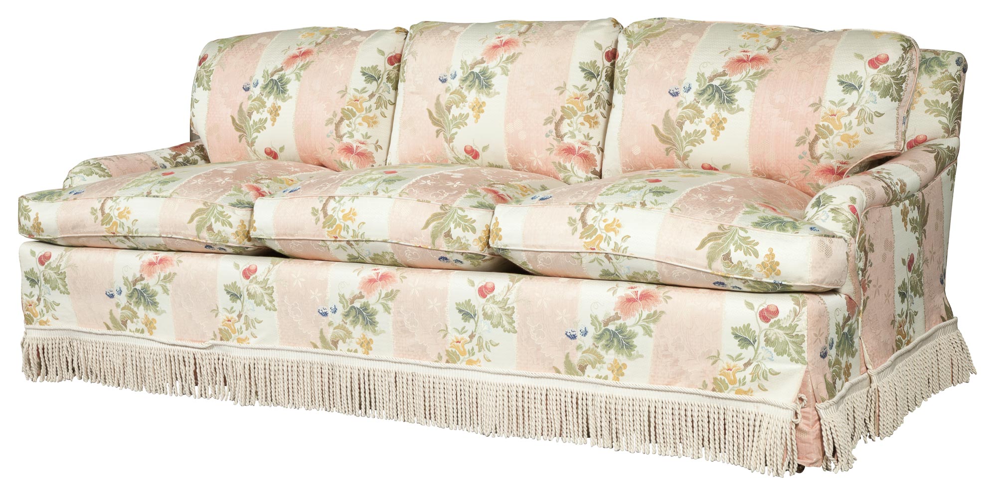 Lot image - Silk-Upholstered Three-Cushion Sofa