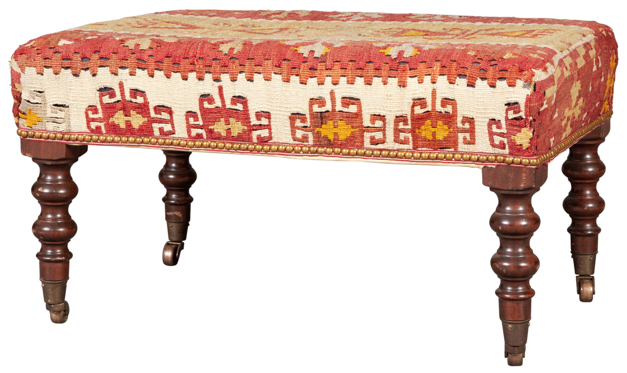 Lot image - Kilim Upholstered and Mahogany Ottoman