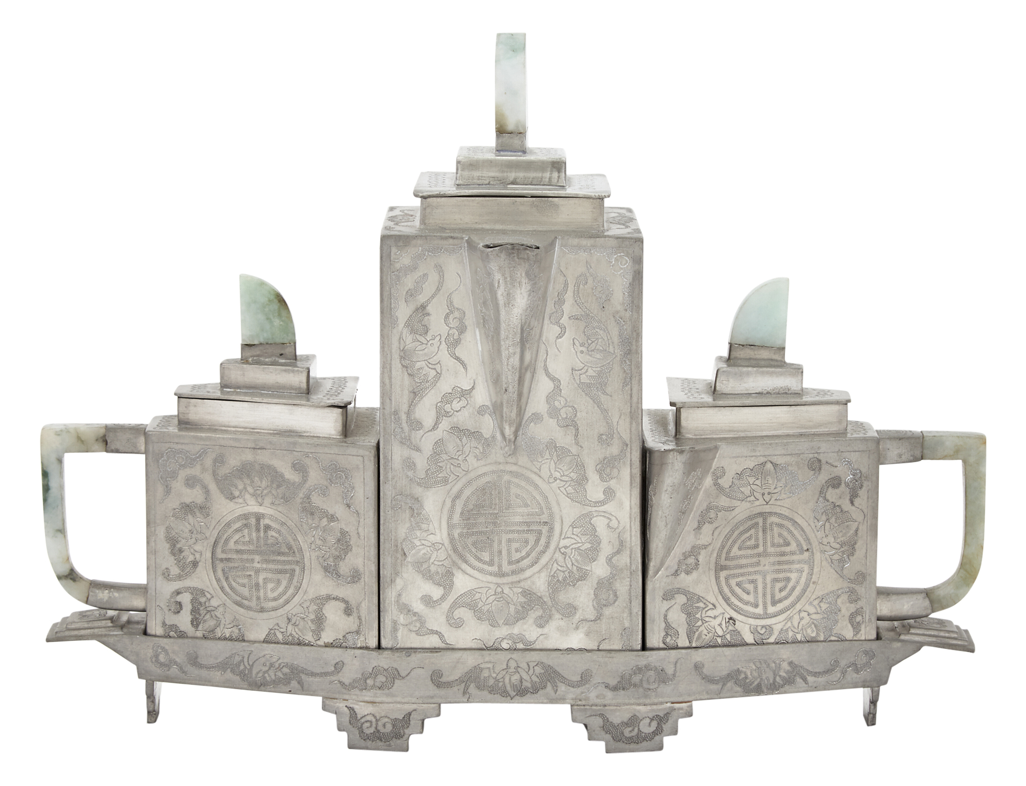 Lot image - A Chinese Pewter and Jadeite Tea Set