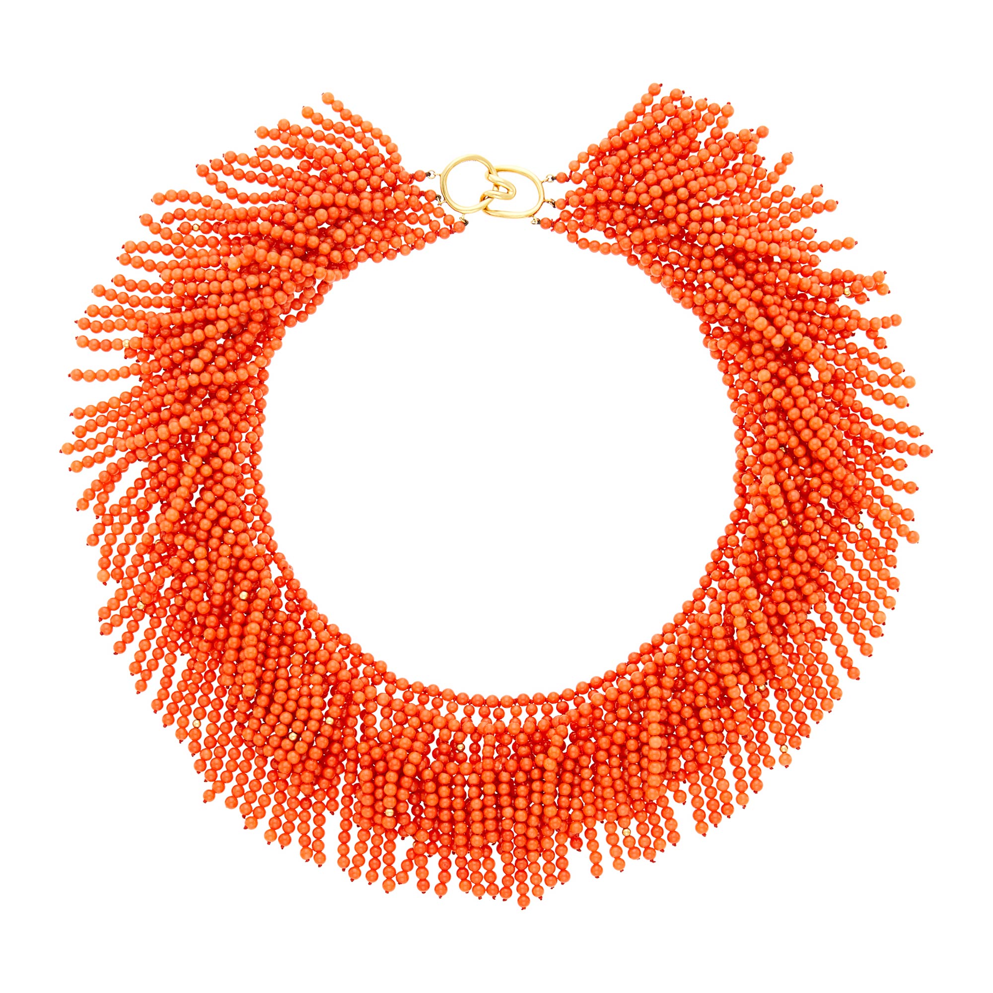 Lot image - Tiffany & Co. Triple Strand Coral and Gold Bead Fringe Necklace with Gold Clasp