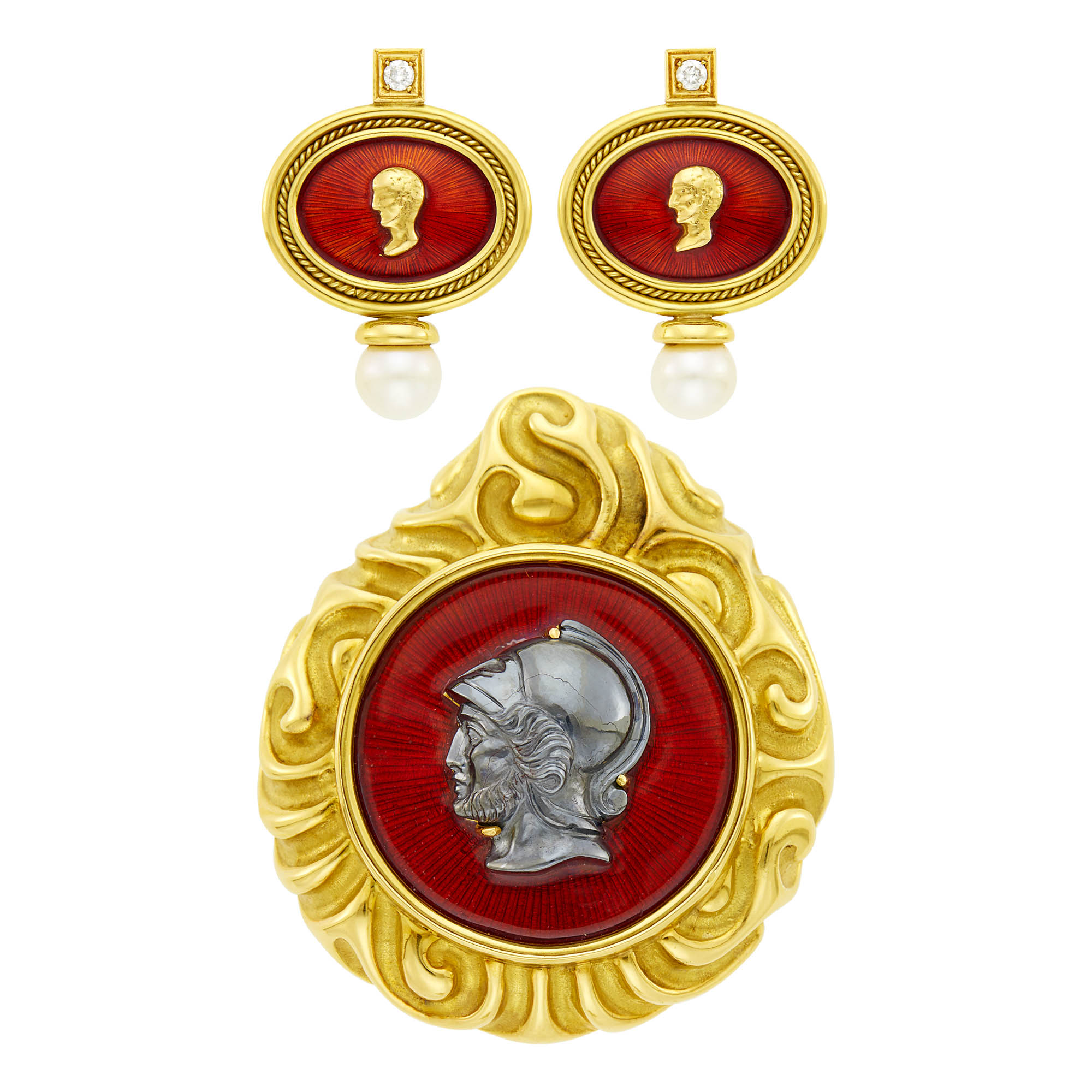 Lot image - Elizabeth Gage Gold, Hematite Cameo and Red Guilloché Enamel Brooch and Pair of Gold, Red Enamel, Diamond and Cultured Pearl Earclips