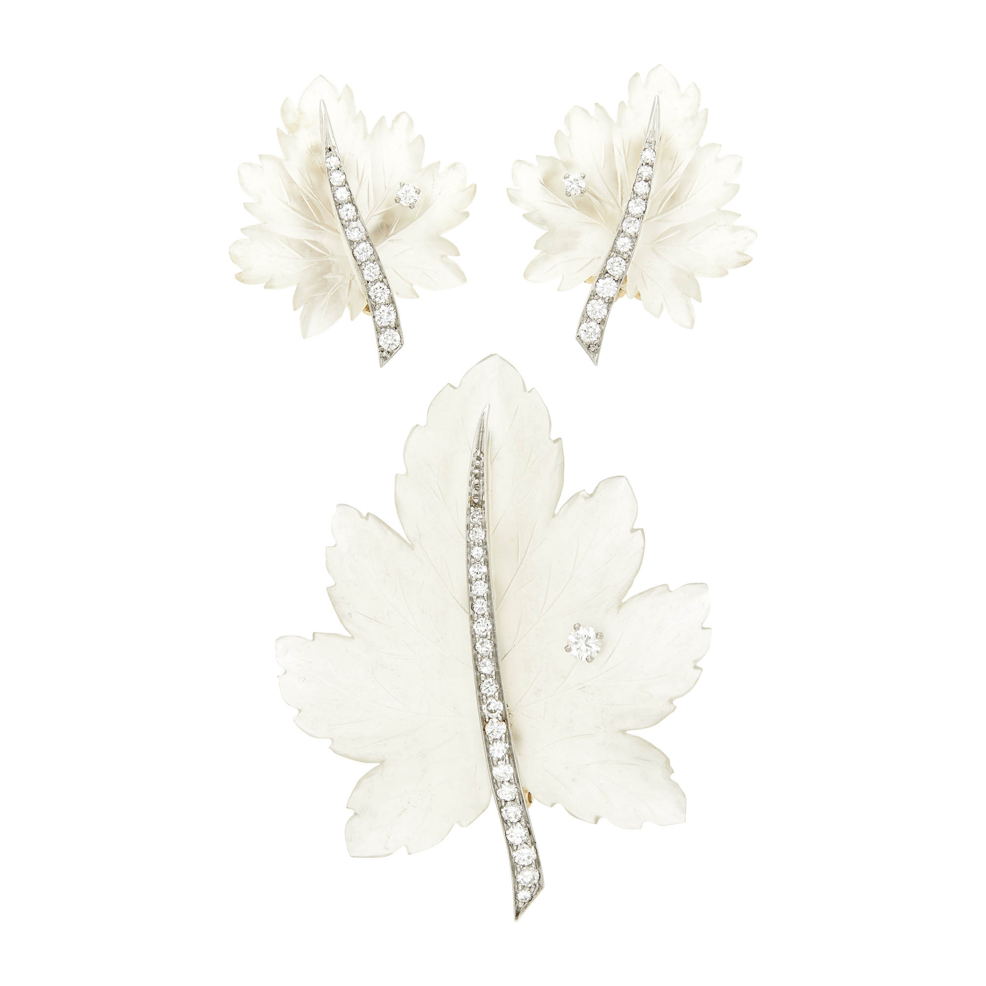 Lot image - Pair of Gold, Carved Frosted Rock Crystal and Diamond Leaf Earclips and Brooch