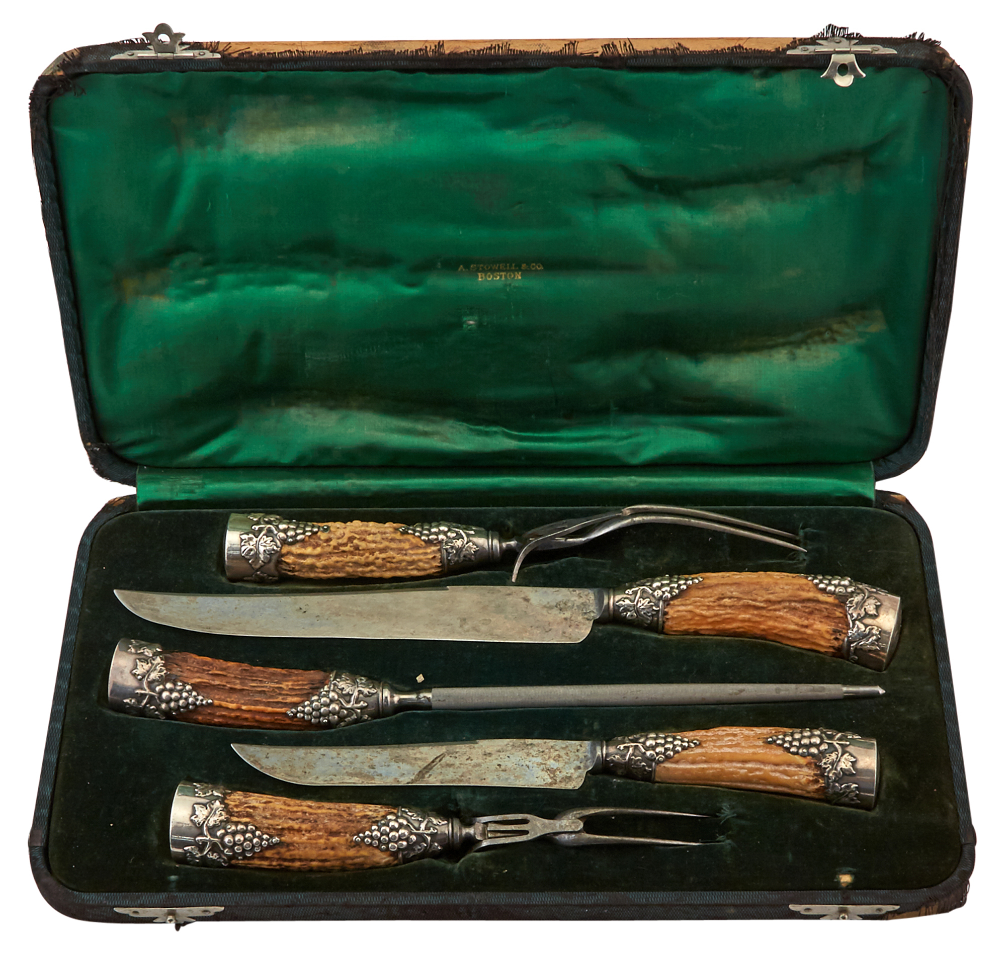 Lot image - Cased Sterling Silver Mounted Antler Five-Piece Carving Set