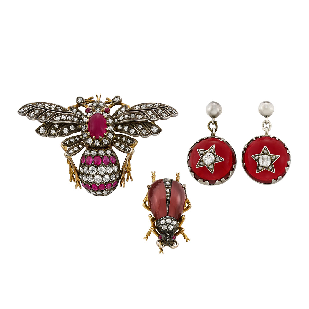 Lot image - Pair of Antique Gold, Silver, Ruby, Diamond, Simulated Diamond and Paste Earrings, Bee Pin and Carbunkle Garnet Beetle Pin