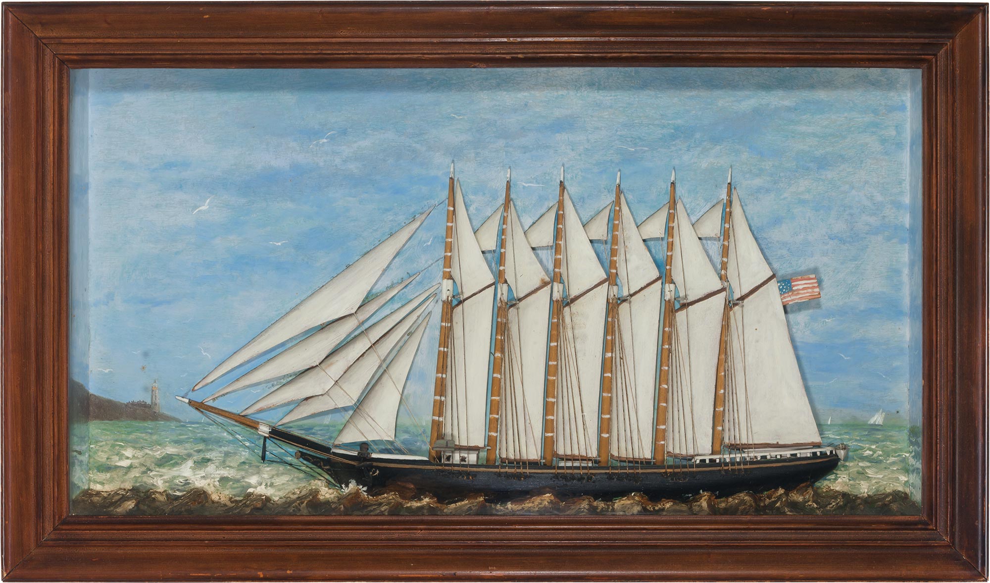 Lot image - Carved and Painted Ship Diorama of a Six-Masted Sailing Vessel