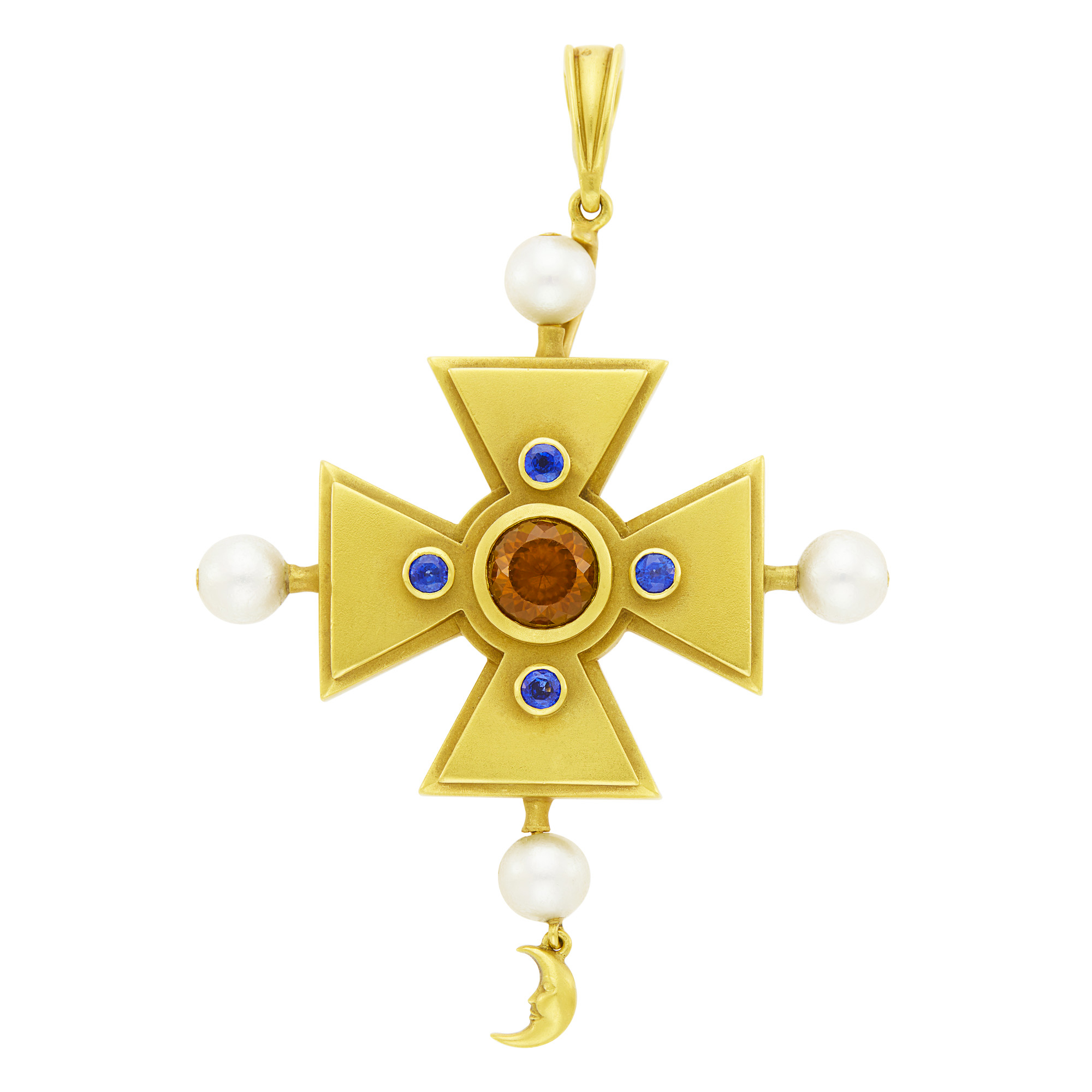 Lot image - Barry Kieselstein-Cord Gold, Topaz, Sapphire and Cultured Pearl Maltese Cross Pendant Clip-Brooch  B