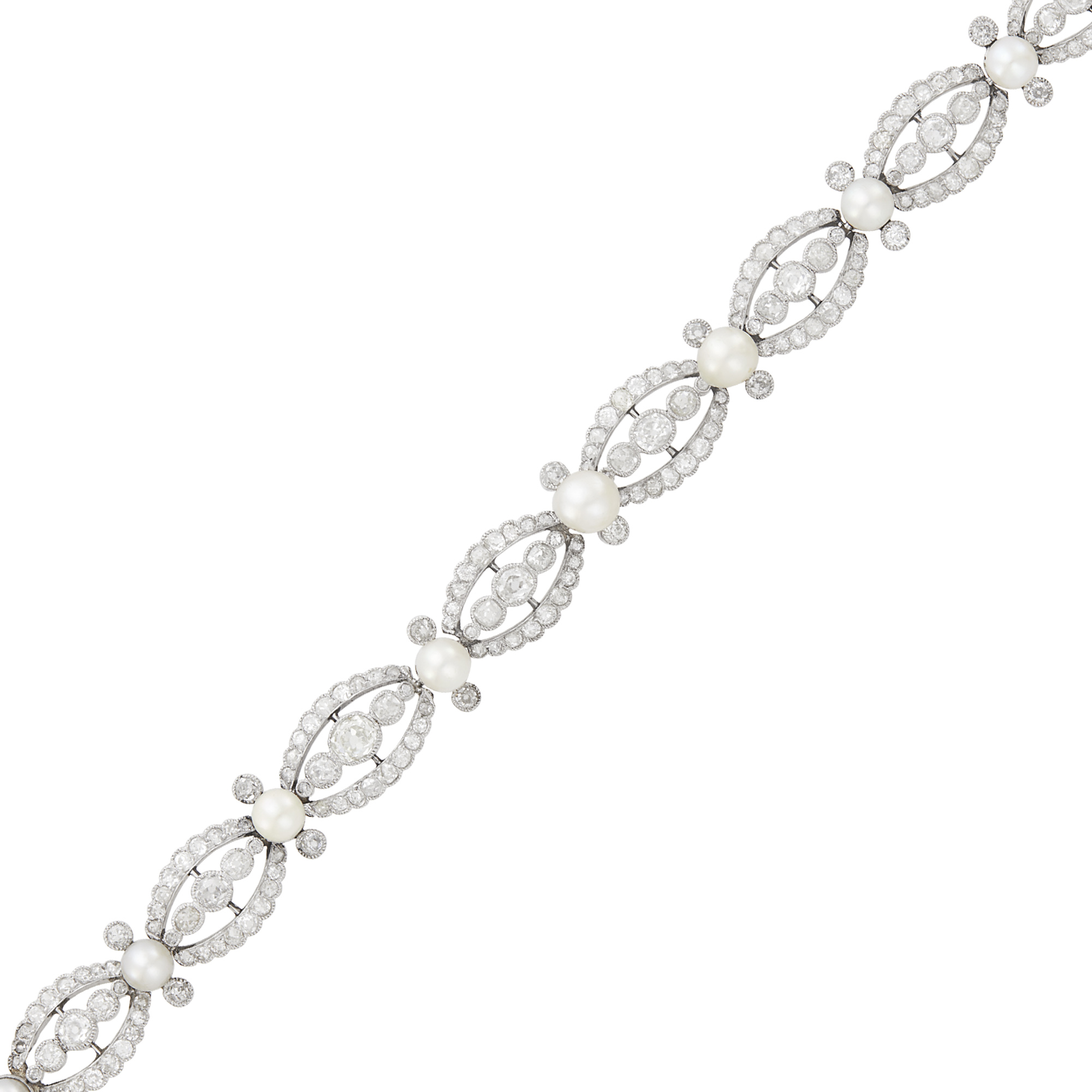 Lot image - Platinum, Natural and Cultured Button Pearl and Diamond Link Bracelet
