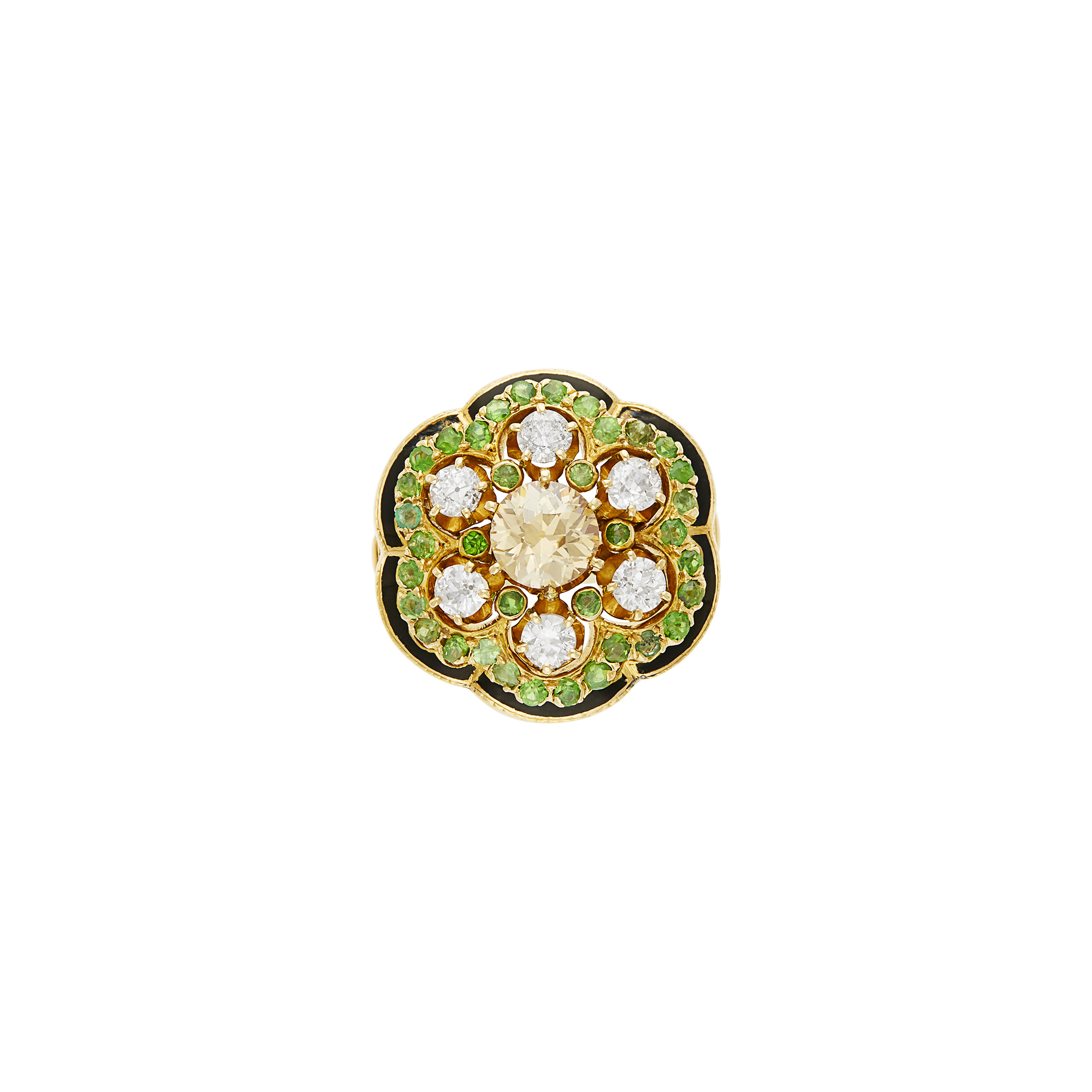 Lot image - Gold, Diamond, Colored Diamond, Diamond, Demantoid Garnet and Black Enamel Ring