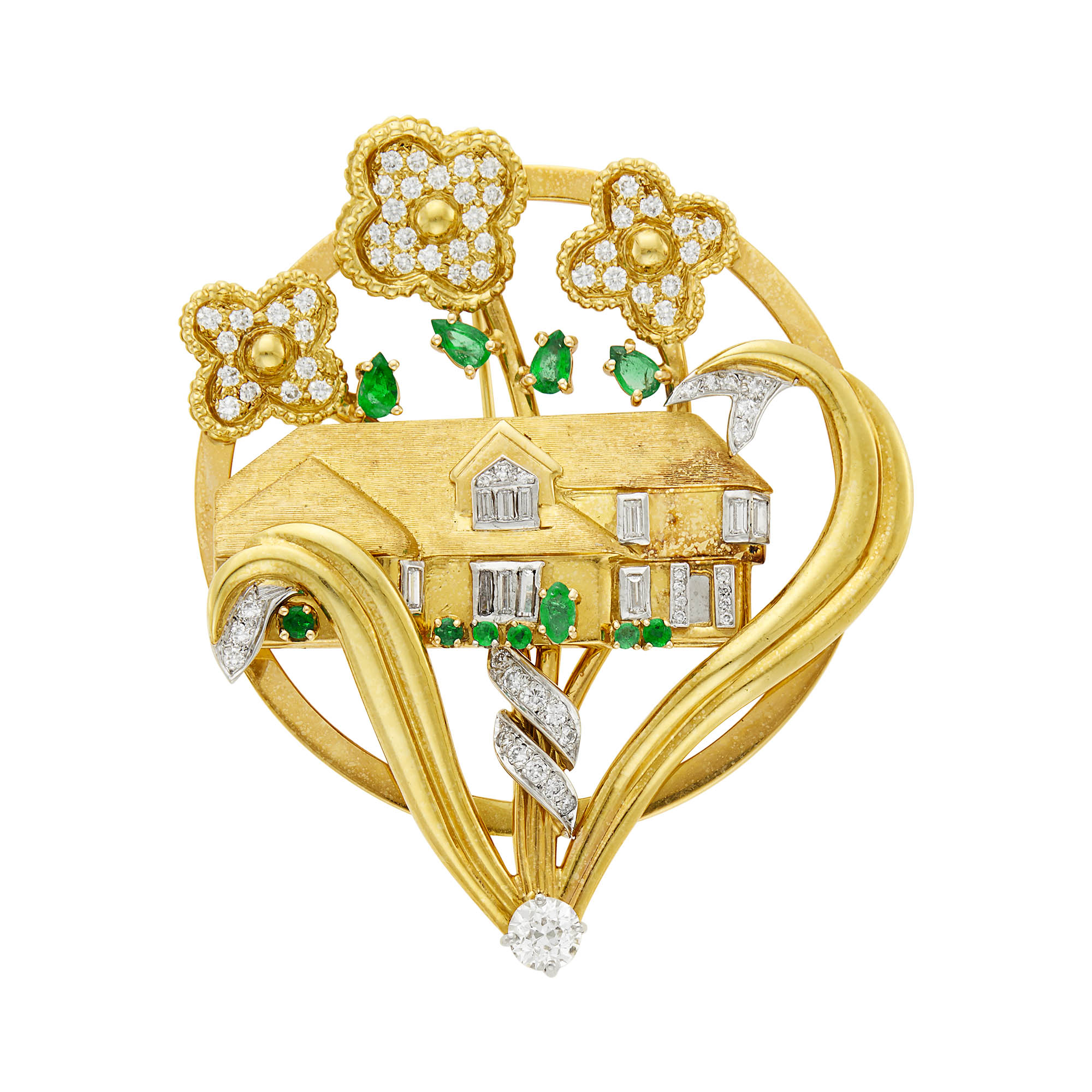 Lot image - Gold, Platinum, Diamond and Emerald Brooch