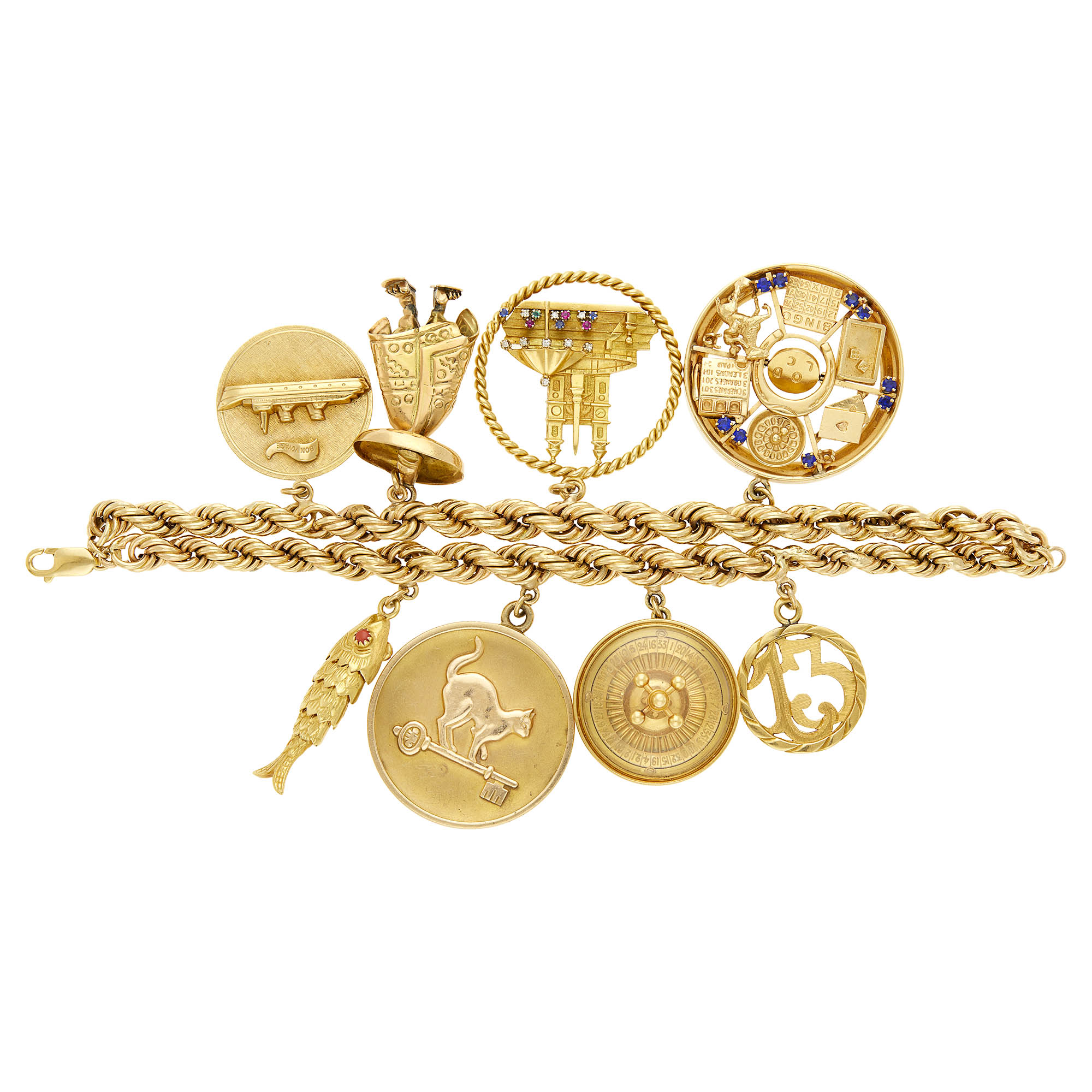 Lot image - Double Strand Rope-Twist Gold and Low Karat Gold Charm Bracelet