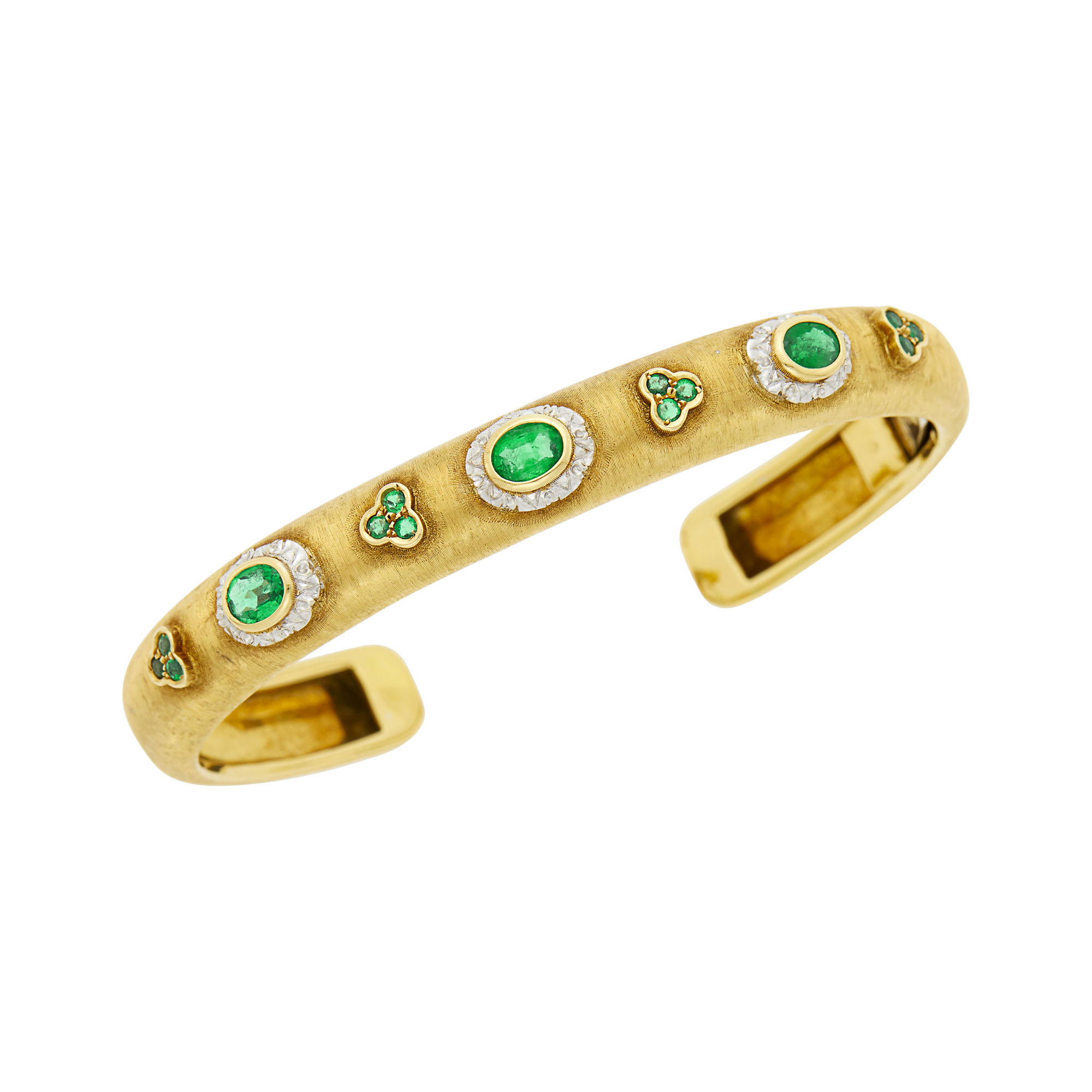 Lot image - Mario Buccellati Two-Color Gold and Emerald Cuff Bangle Bracelet
