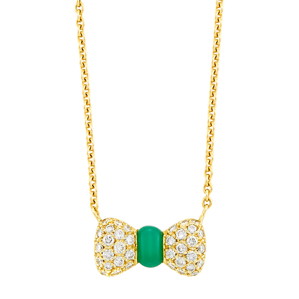 Lot image - Gold, Green Chalcedony and Diamond Bow Necklace, Van Cleef & Arpels, France