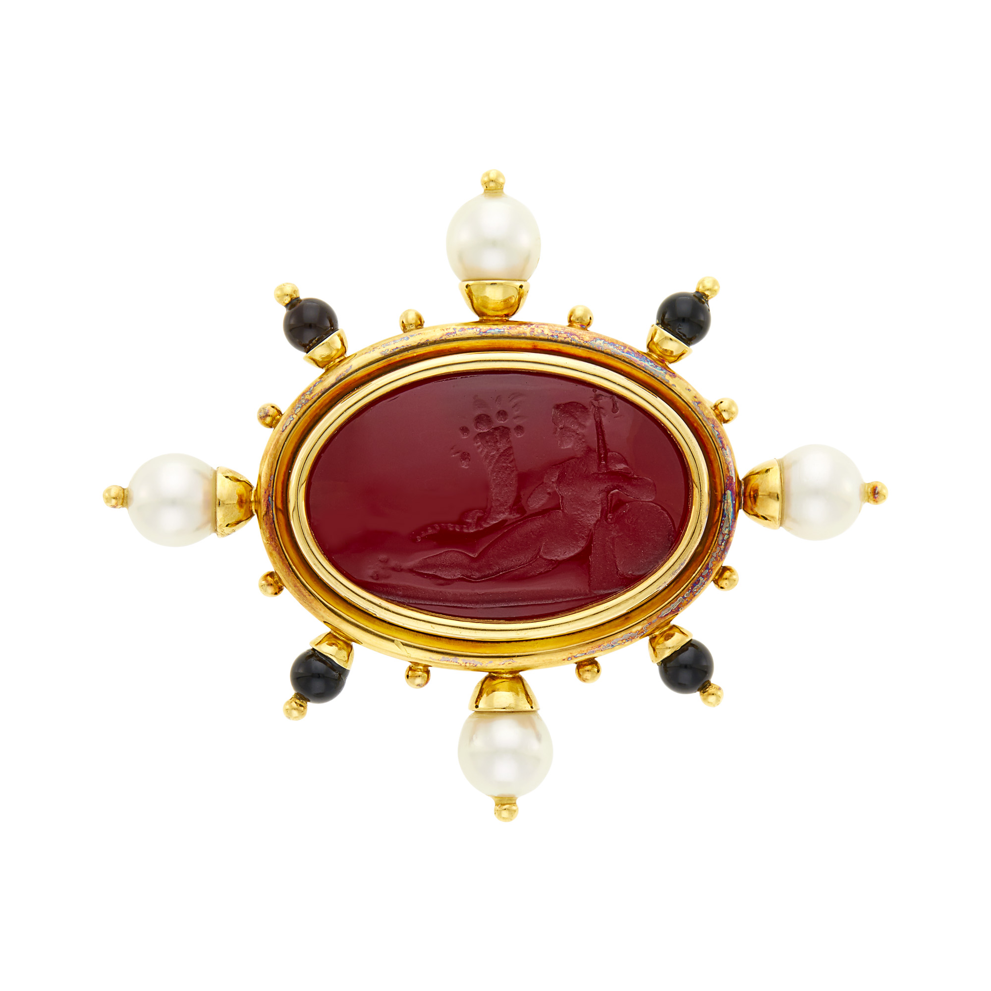 Lot image - Elizabeth Locke Gold, Glass Intaglio, Mother-of-Pearl, Cultured Pearl and Black Onyx Bead Brooch